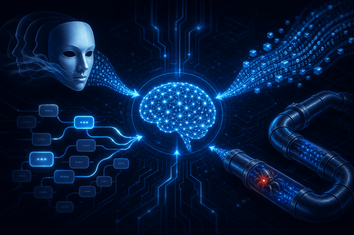 A dark, technical digital illustration showing multiple abstract attack vectors converging on a glowing neural network brain at the center. Surrounding the central AI model are symbolic representations of different attack methods: a theatrical mask for roleplay attacks, encoded binary streams for obfuscation, branching conversation paths for multi-turn escalation, and a pipeline with a hidden trojan for indirect injection. The visual uses deep navy blue and electric blue tones with glowing circuit-board aesthetics, conveying a cybersecurity threat landscape around a central AI core. No text, no words, no letters.