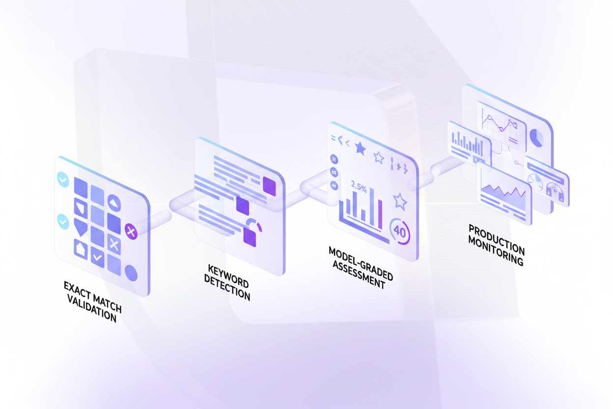Technical illustration showing AI model evaluation workflow with four distinct testing approaches: exact match validation with checkmarks, keyword detection with highlighted terms, model-graded assessment with scoring indicators, and production monitoring with real-time dashboards. Clean, modern diagram style with connected pipeline stages, blue and purple gradient accents, isometric perspective, professional tech visualization