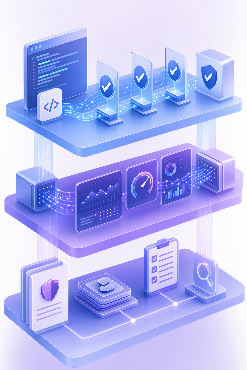 Three distinct horizontal layers stacked vertically showing AI system architecture: top layer represents evaluation and testing with code review symbols and checkmark gates, middle layer shows runtime monitoring with real-time data streams and metric gauges flowing through, bottom layer depicts governance with policy documents and audit trail icons. Use clean geometric shapes, flowing data connections between layers, modern tech aesthetic with blue and purple gradients, isometric perspective. No text or labels.