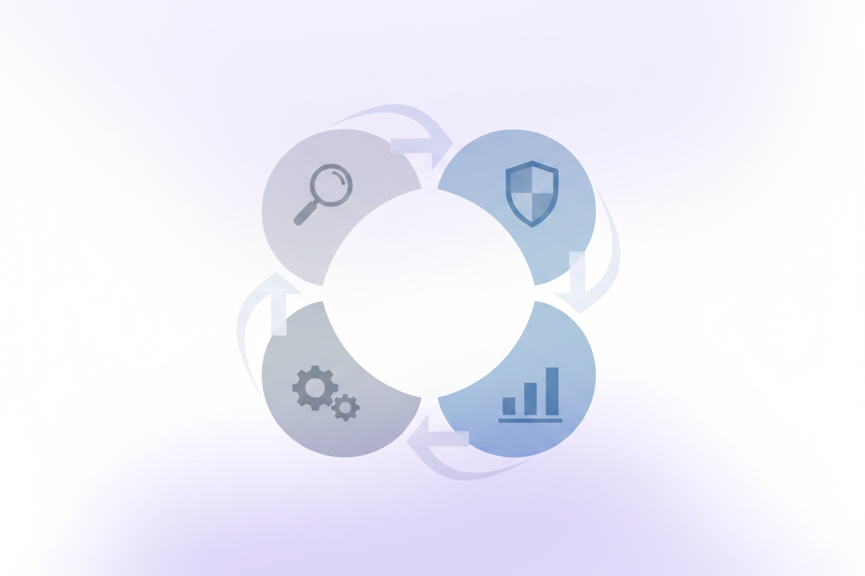 A clean, modern circular diagram showing four interconnected quadrants arranged in a cycle, each represented by a distinct icon: a shield for governance, a magnifying glass for mapping, a bar chart for measurement, and a gear for management. The four sections flow into each other with curved arrows forming a continuous loop, symbolizing a cyclical risk management process. Flat design style with a professional blue and gray color palette, white background, no text or letters anywhere in the image.