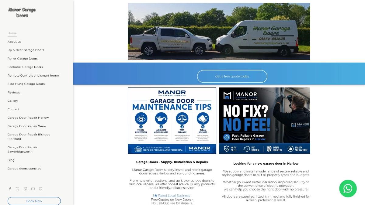 The previous Manor Garage Doors website, with a photo of the company vans and a single quote button