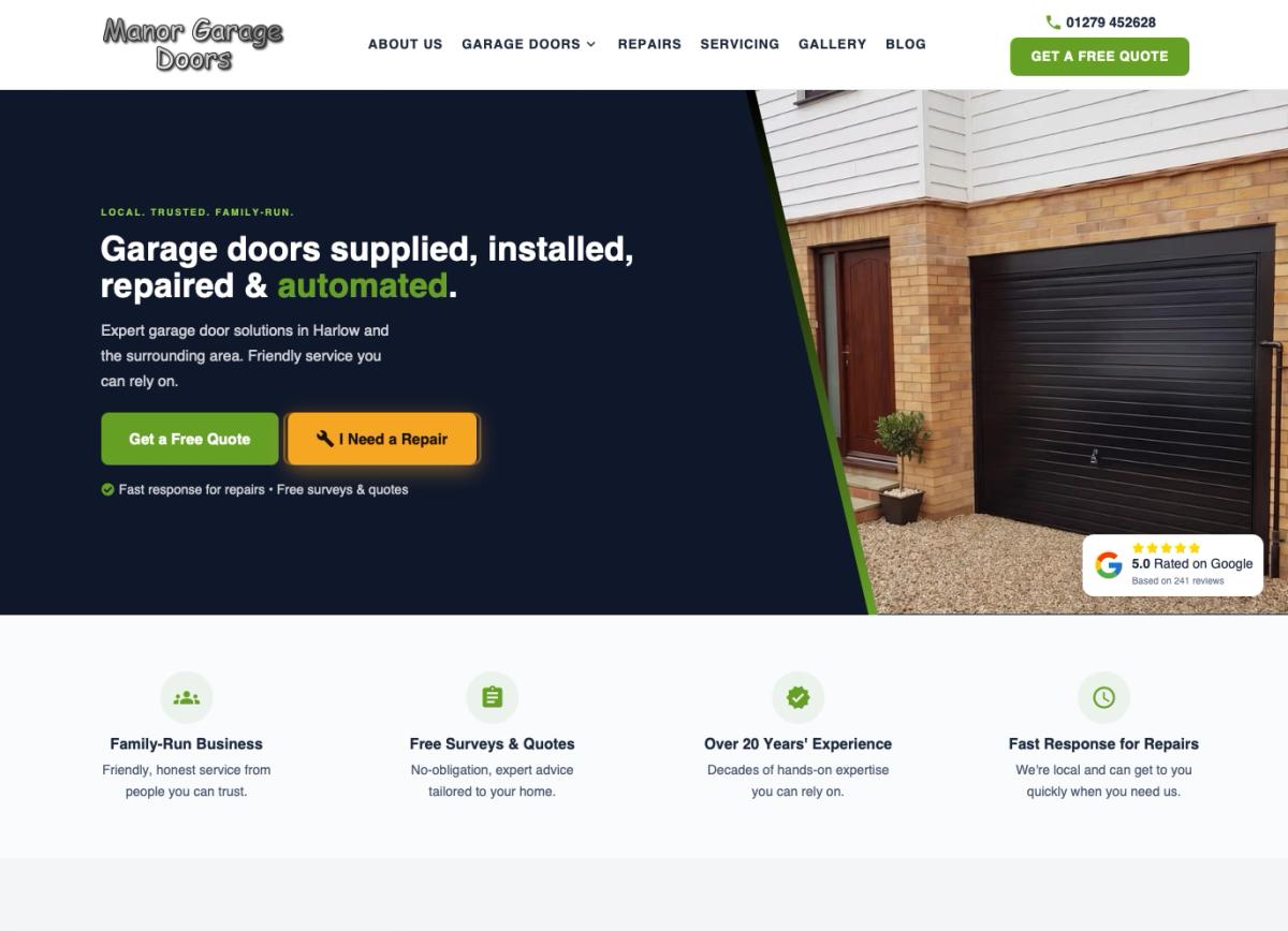 The new Manor Garage Doors website, with a clear headline, Get a Free Quote and I Need a Repair buttons, and a 5.0 Google rating badge