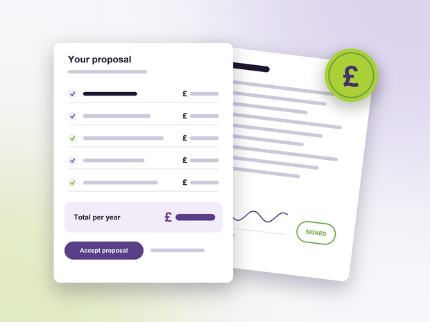 A proposal priced in pounds, module by module, in front of a signed agreement