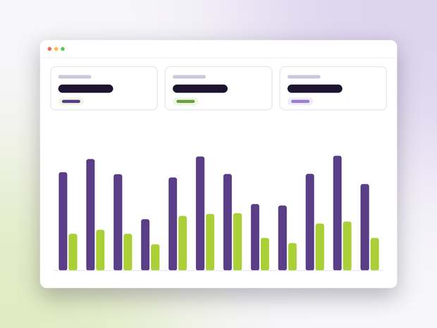 A finance dashboard with income tiles and a monthly bar chart