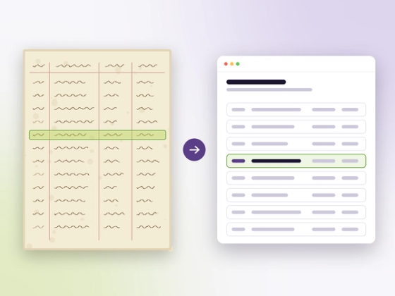 A handwritten register page beside the same entries transcribed on screen