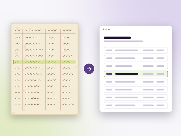 A handwritten register page beside the same entries transcribed on screen
