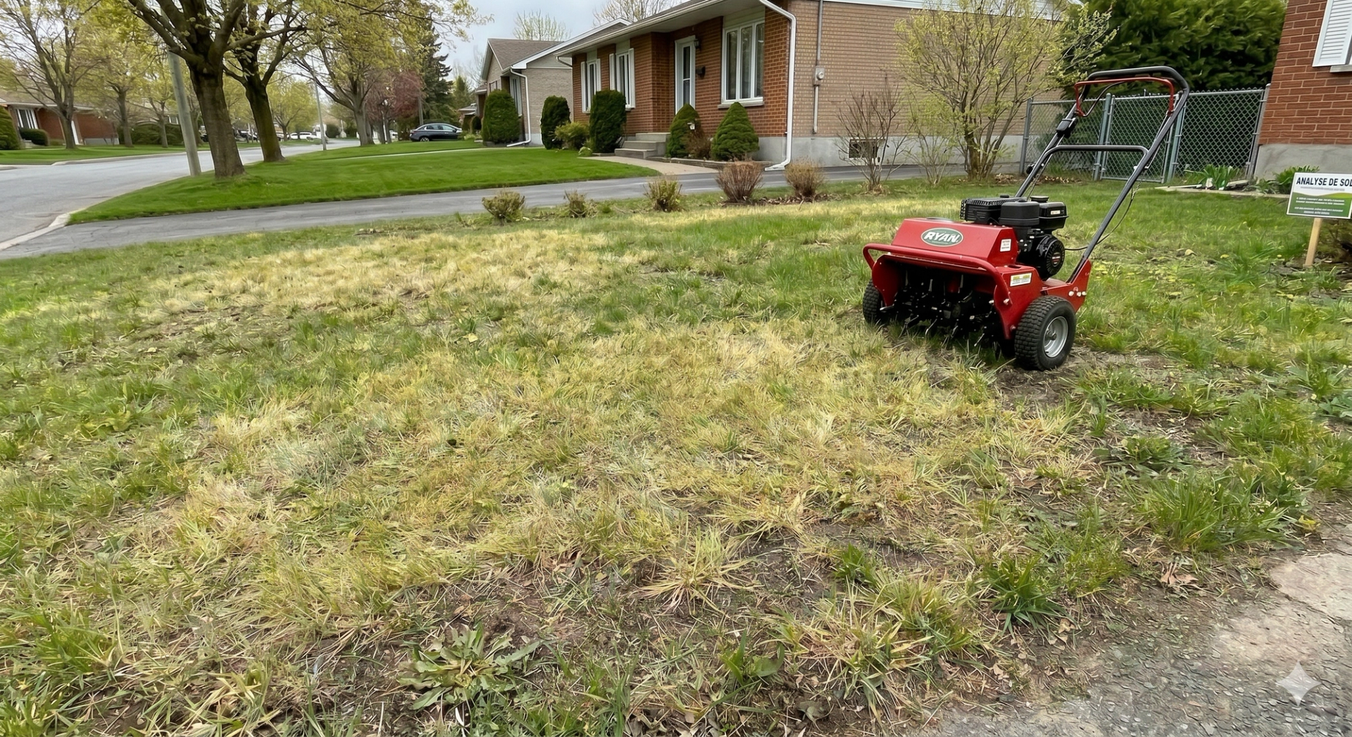 Gazon avec machine pour aérer le sol