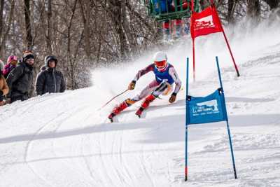 Racer rounding a blue giant slalom gate with spectators in the trees behind