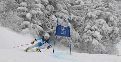 Racer passing a giant slalom panel among frost-covered trees