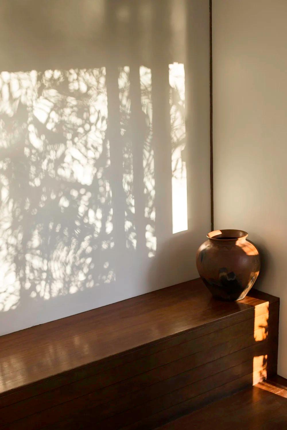 Dappled tree-shadow light falling across a wall beside a ceramic vase on a timber shelf