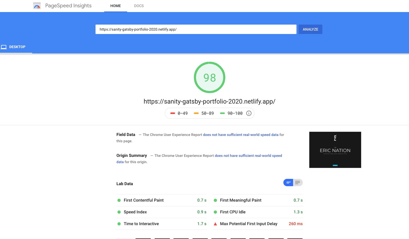New site's speed test with Google PageSpeed Insights. Score = 98!