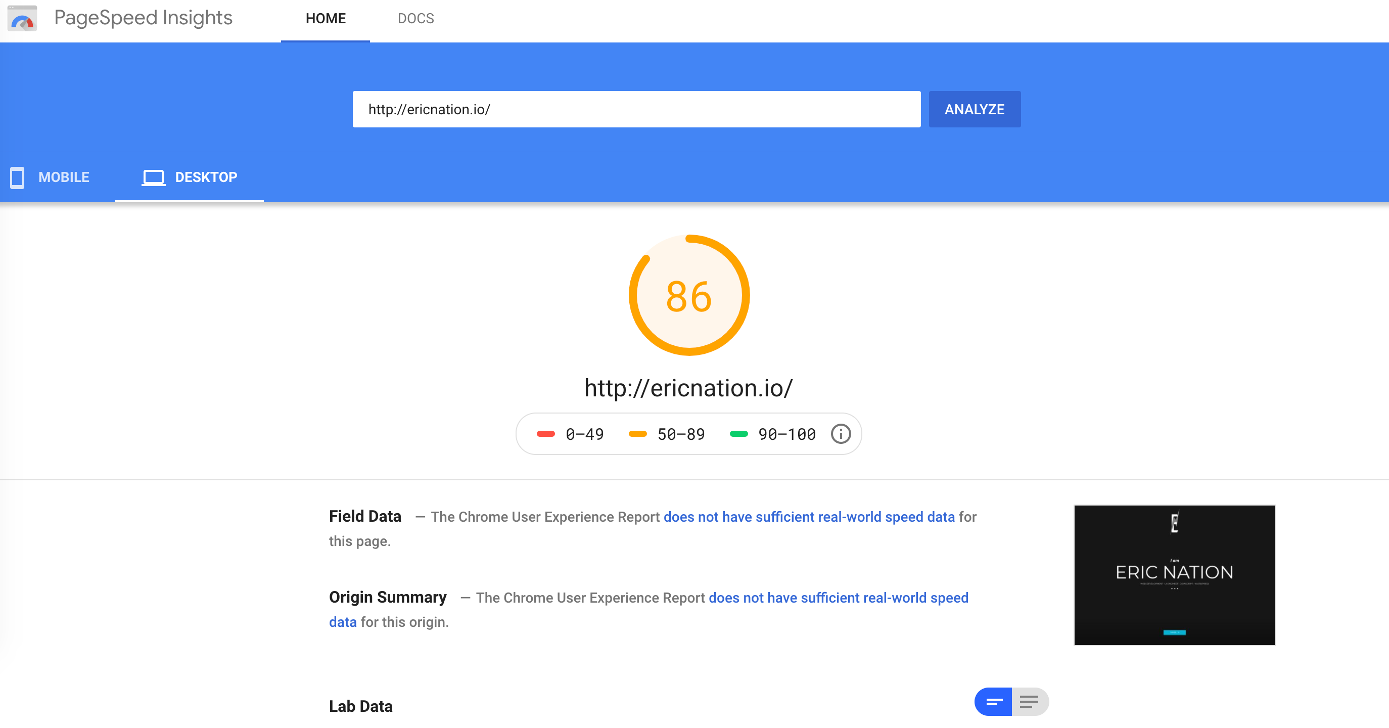 Speed Test screen shot of previous site on Google PageSpeed Insights. Score = 86