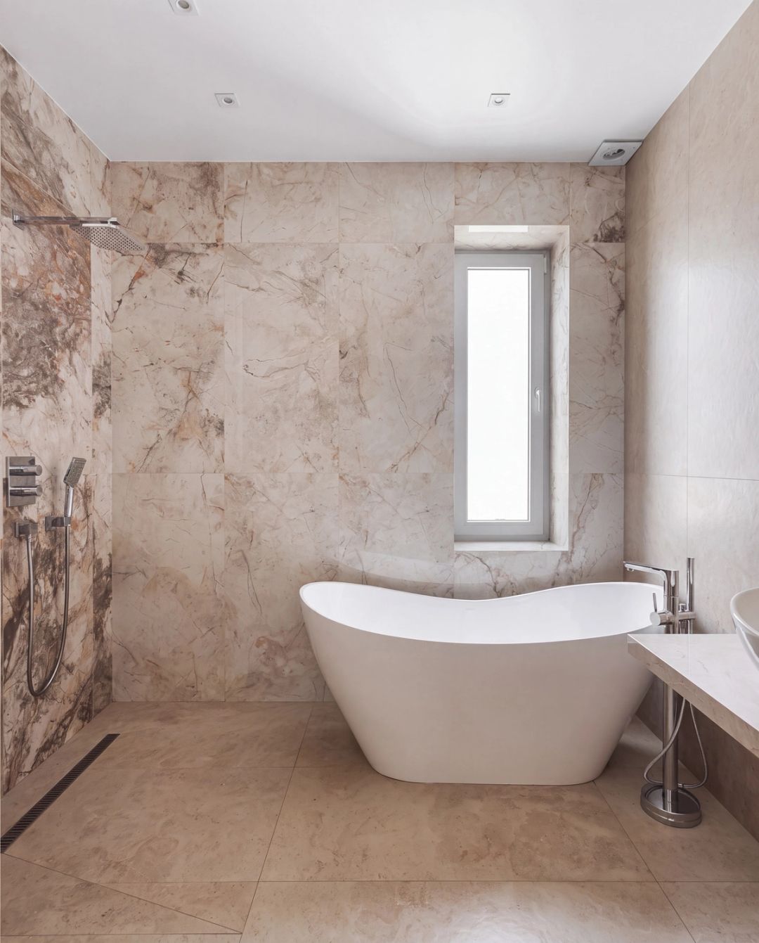 Bagno con vasca freestanding e pareti in pietra dai toni marmorei caldi