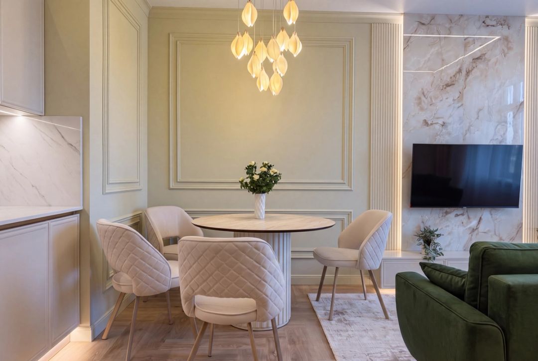Soggiorno con zona pranzo, boiserie e parete in marmo, divano in velluto verde