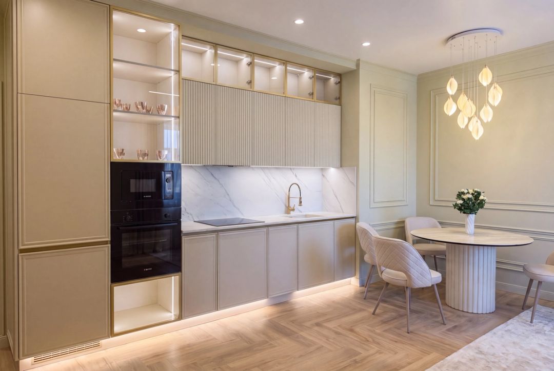 Cucina a scomparsa con ante boiserie, dettagli in ottone e piano in marmo, vista sulla zona pranzo