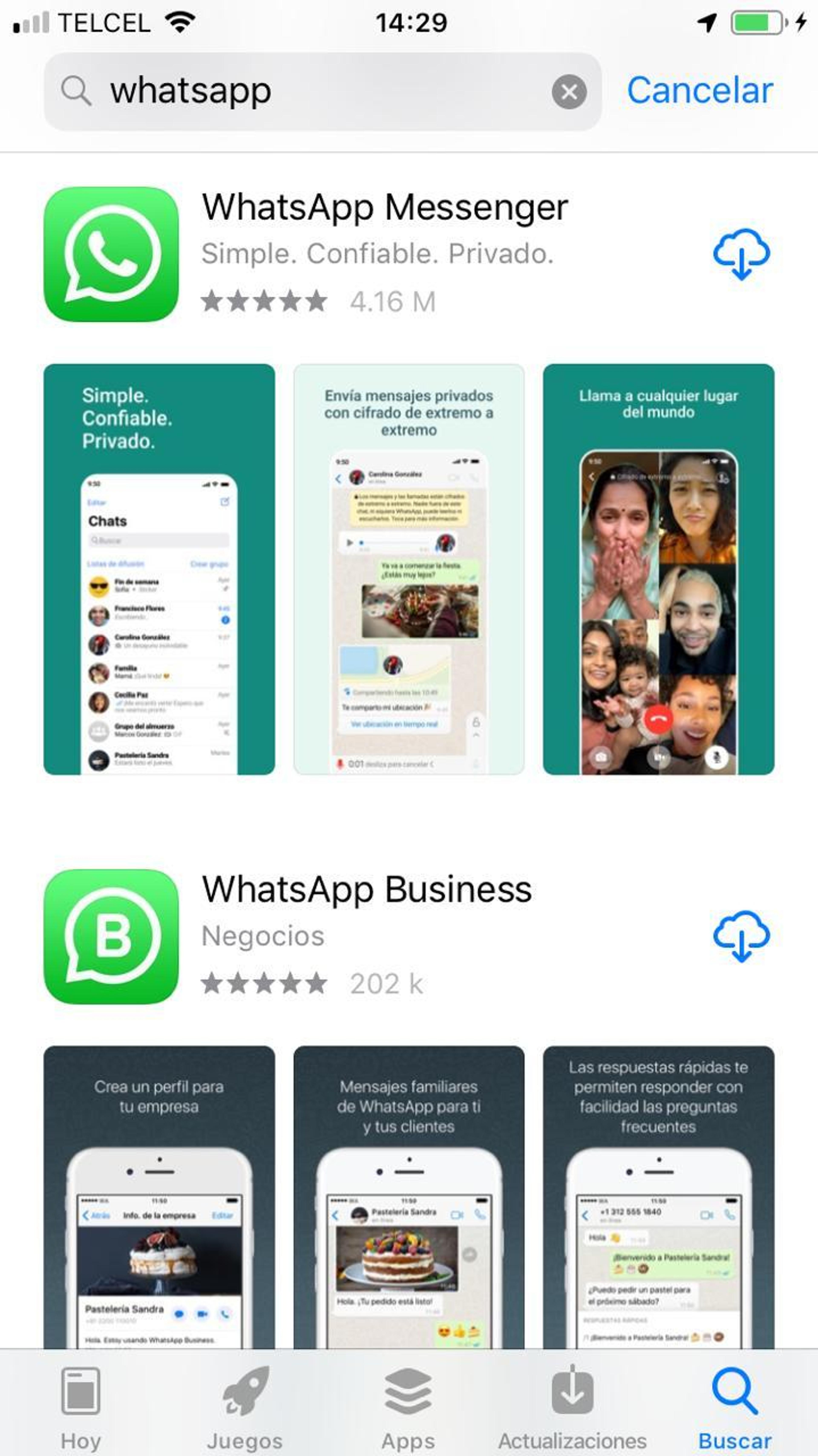 Pantalla de descarga para WhatsApp Messenger y Business