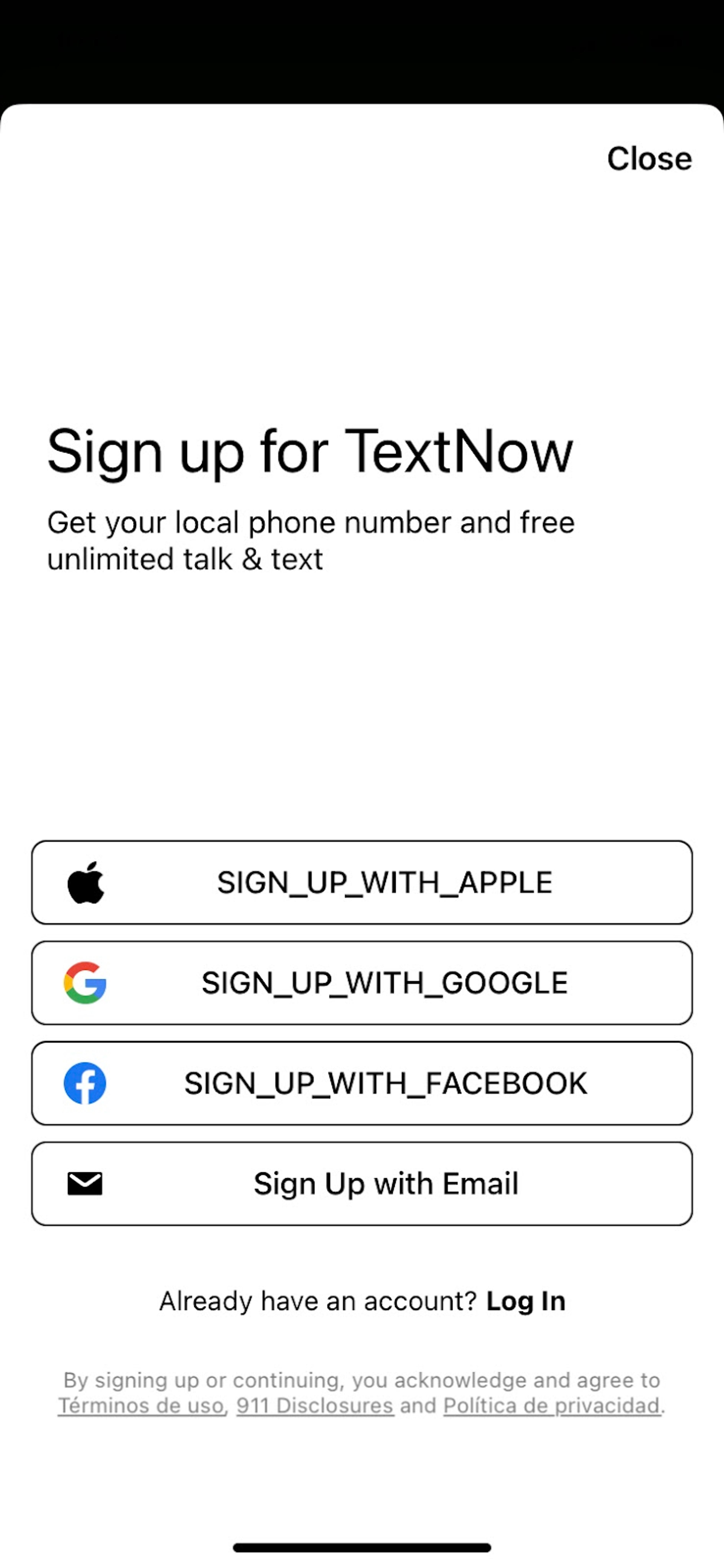 Captura de pantalla de del paso para registrarse en la aplicación TextNow