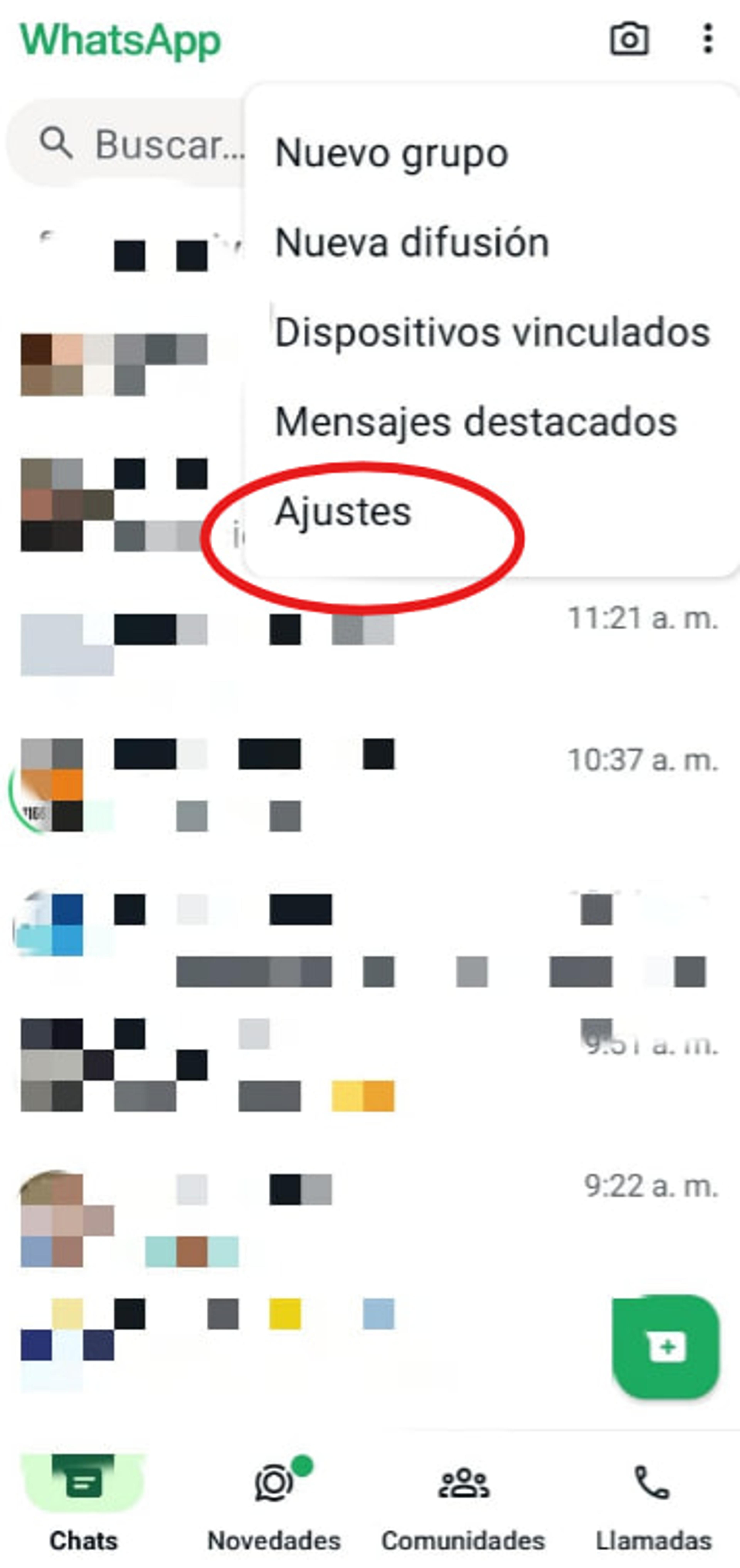 Menú de WhatsApp Android con la opción Ajustes resaltada en el menú desplegable