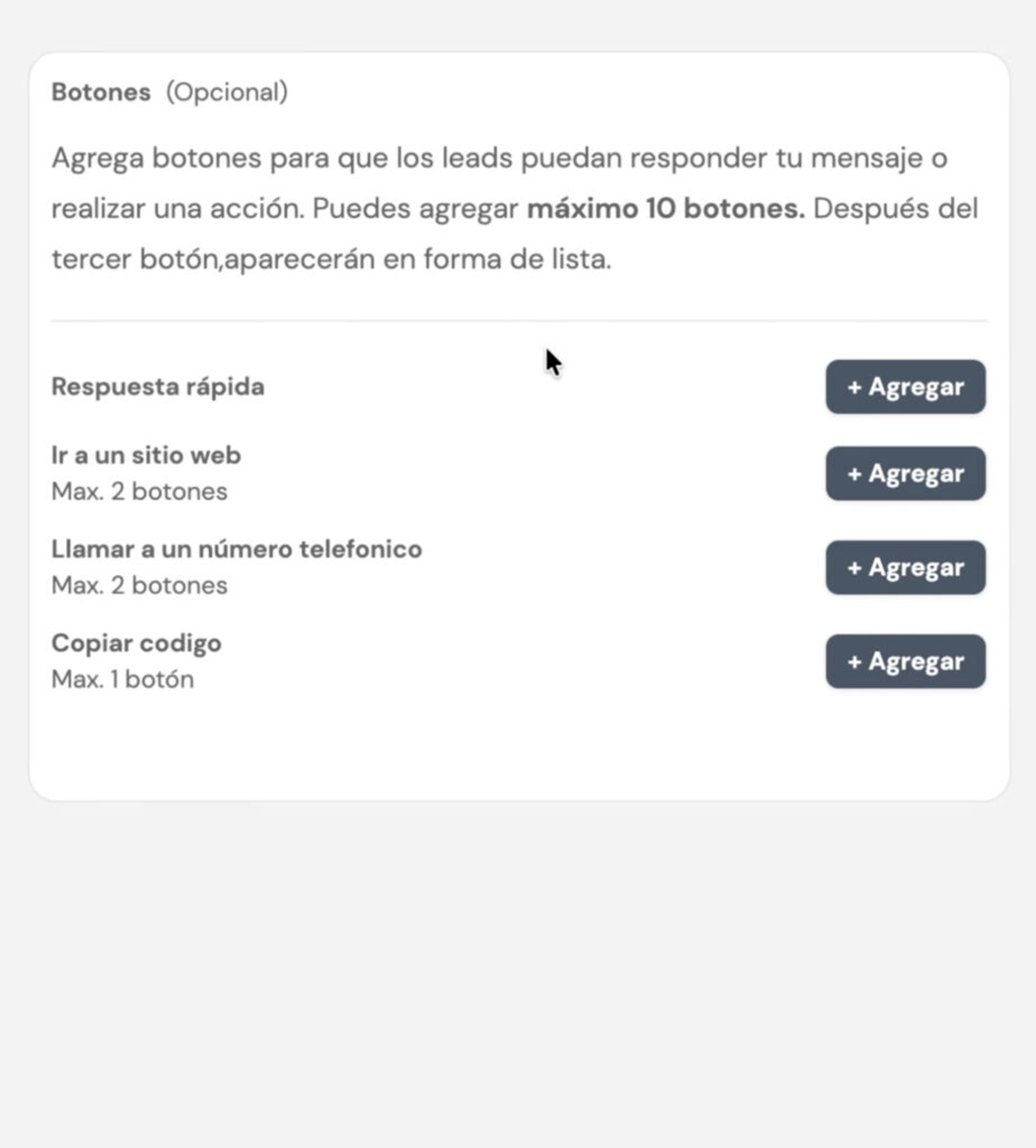Captura de pantalla del panel principal de Leadsales que muestra el paso 3 para mandar mil mensajes por WhatsApp: agregar botones interactivos a tu plantilla