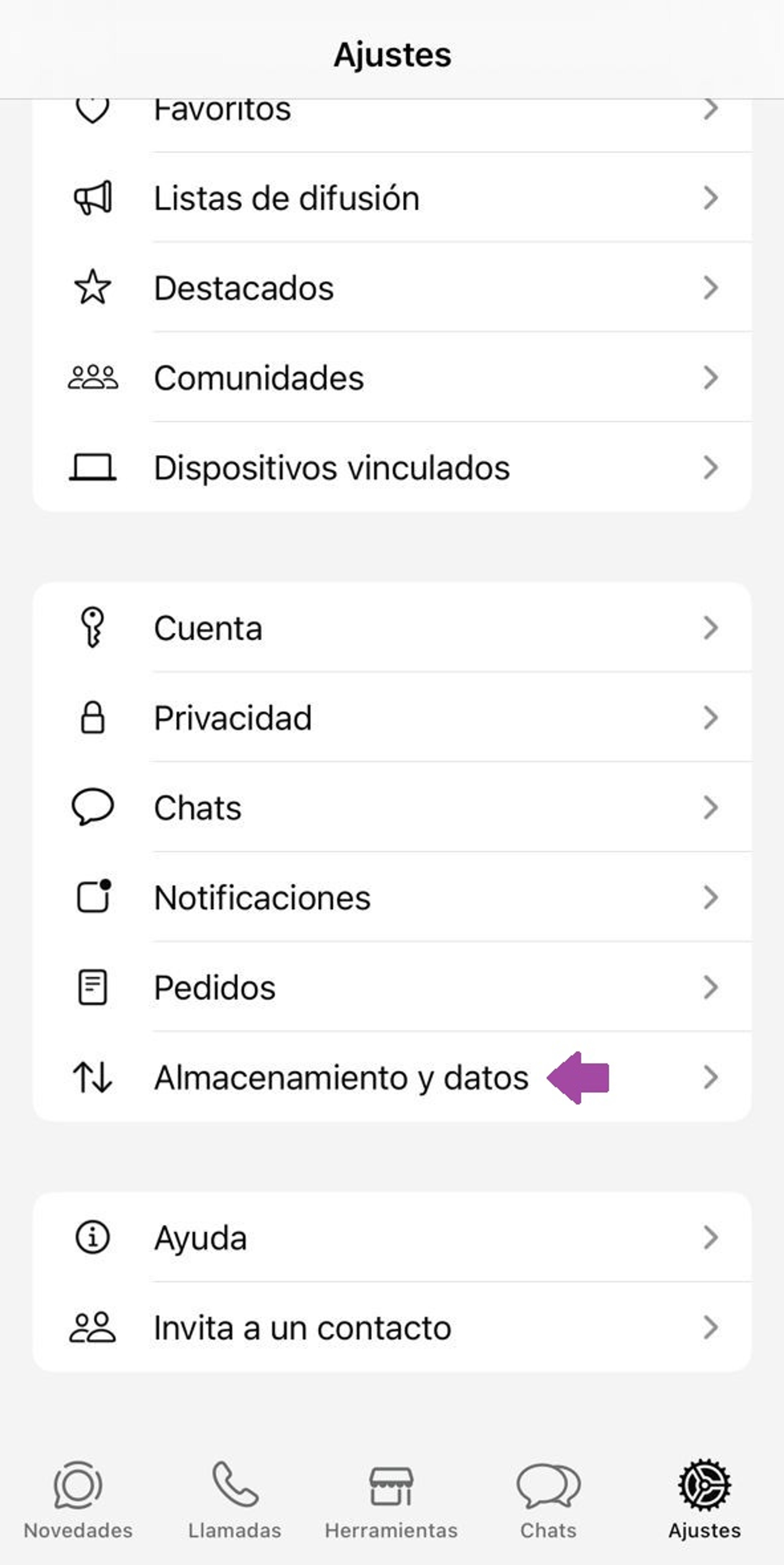 Panel de Ajustes de WhatsApp Business en iOS
