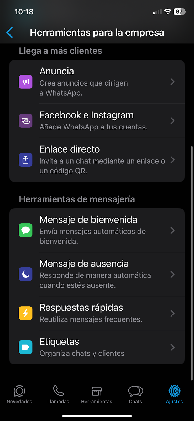 Captura de pantalla de la pantalla de Ajustes de WhatsApp Business, mostrando la opción Herramientas para la empresa.