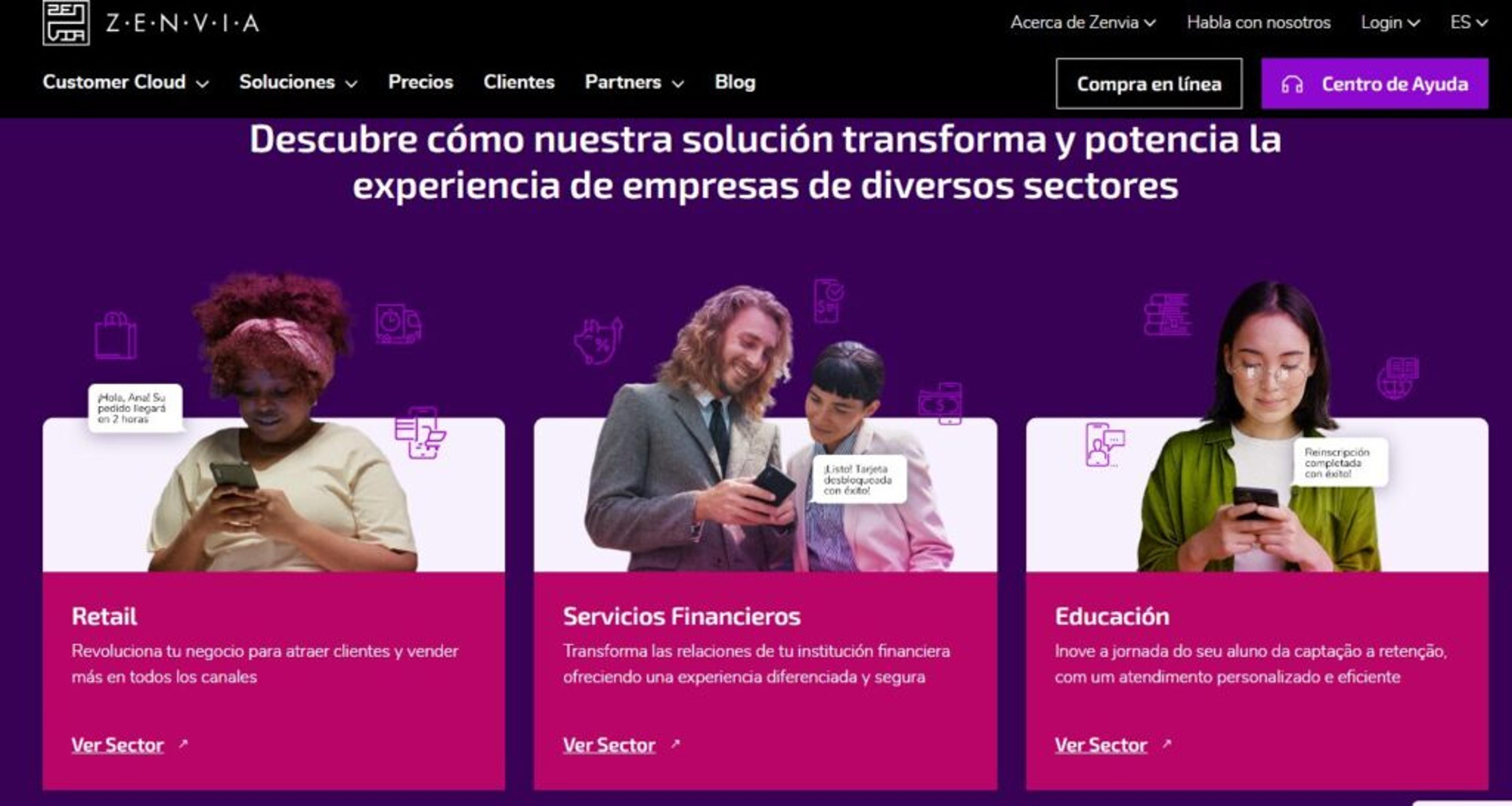 Página de Zenvia con soluciones por sector para retail, servicios financieros y educación