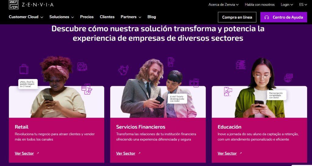 Página de Zenvia con soluciones por sector para retail, servicios financieros y educación