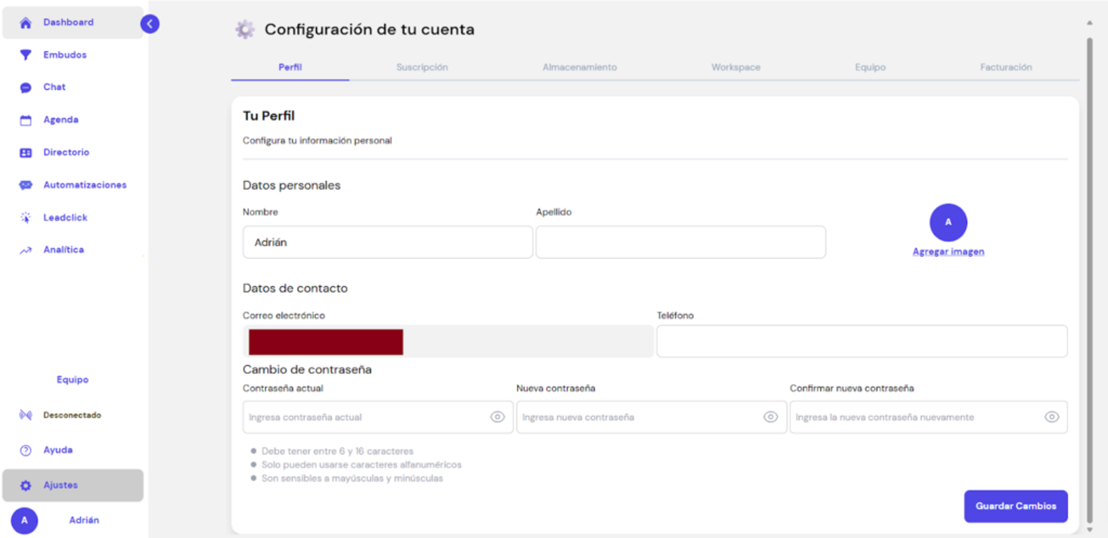 Pantalla para iniciar sesión en Leadsales