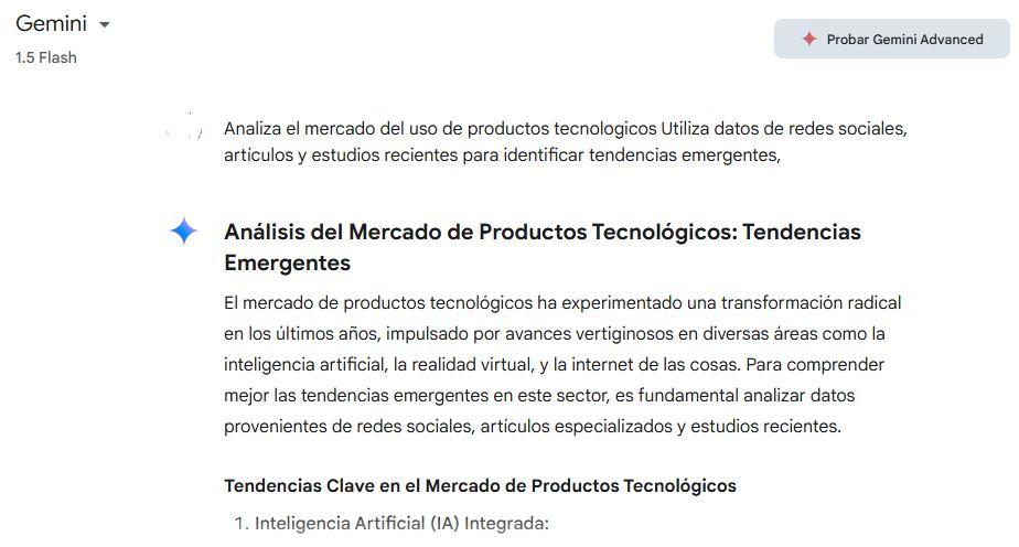 Pantalla de Google Gemini mostrando respuesta a un prompt sobre análisis de mercado