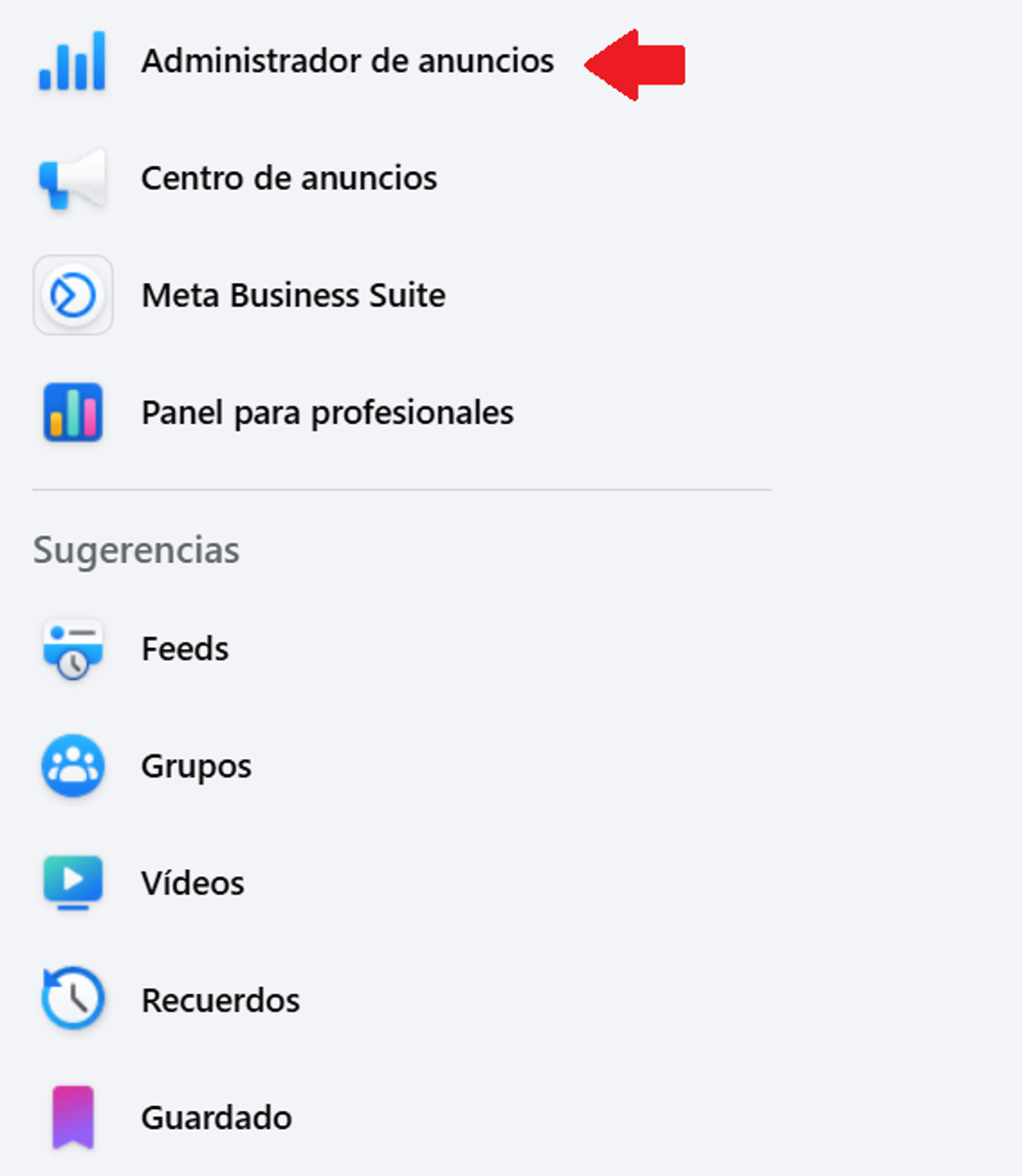 Pantalla para acceder a Administrador de anuncios de Meta