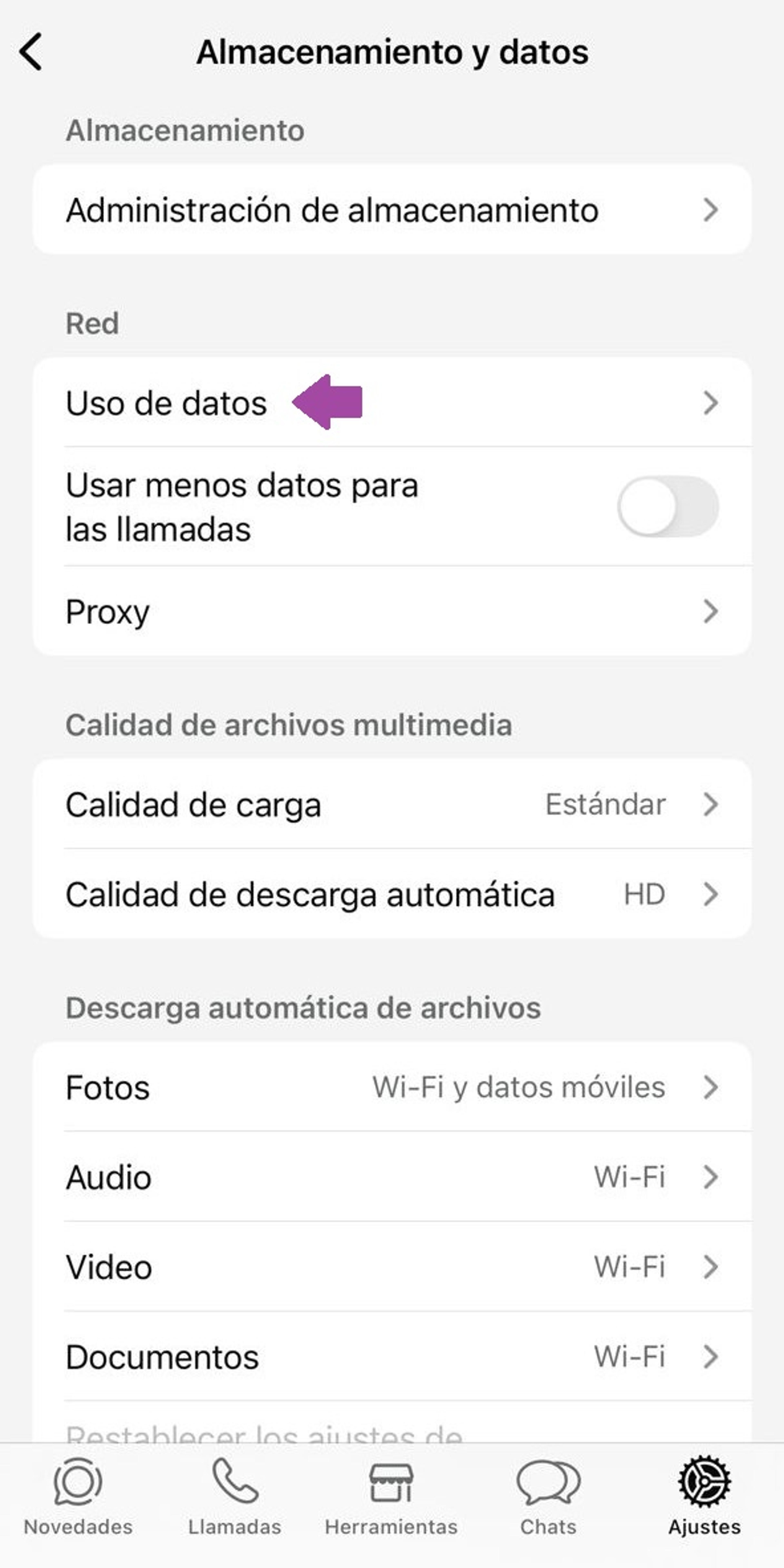 Panel de Uso de datos en WhatsApp Business
