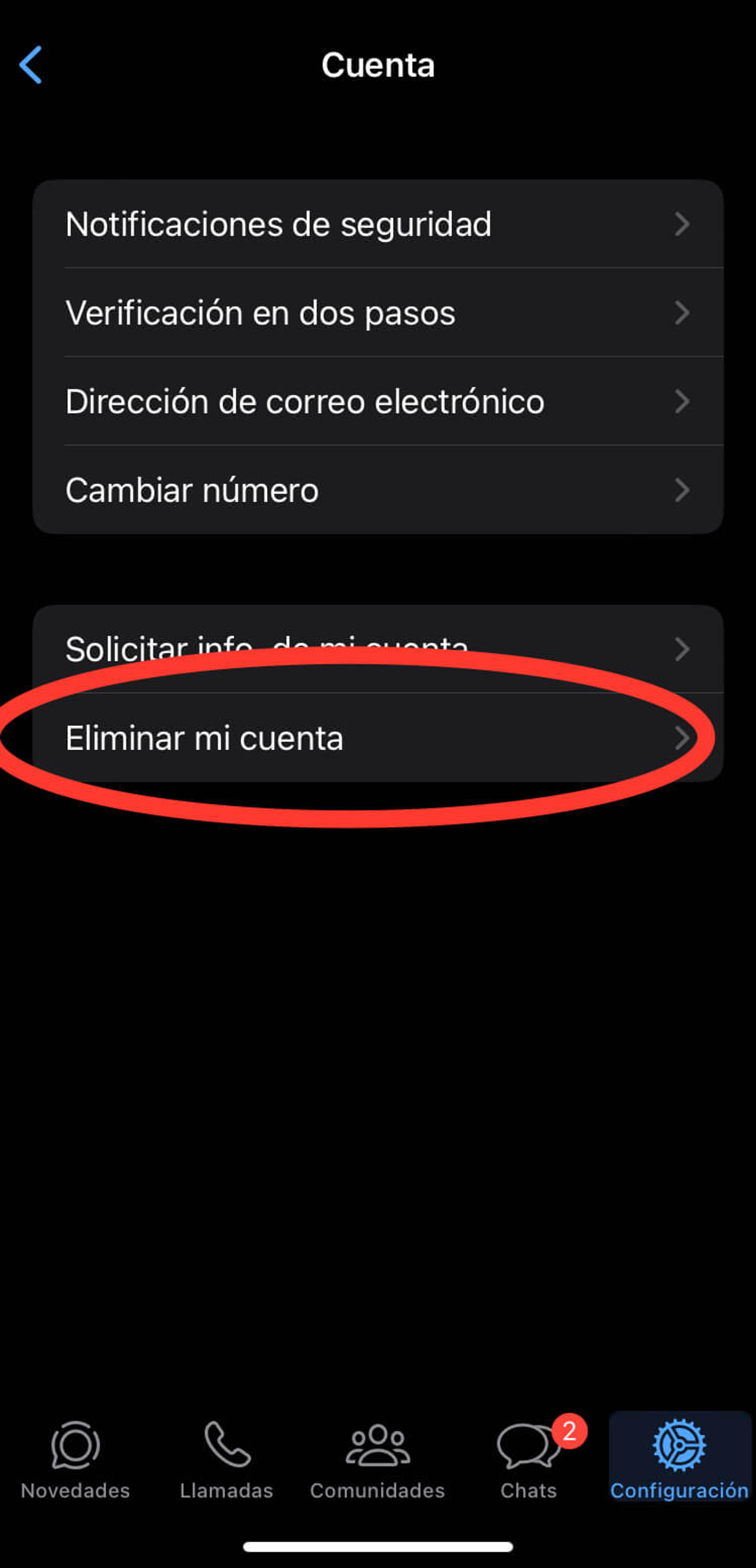 Pantalla para eliminar cuenta de WhatsApp Business