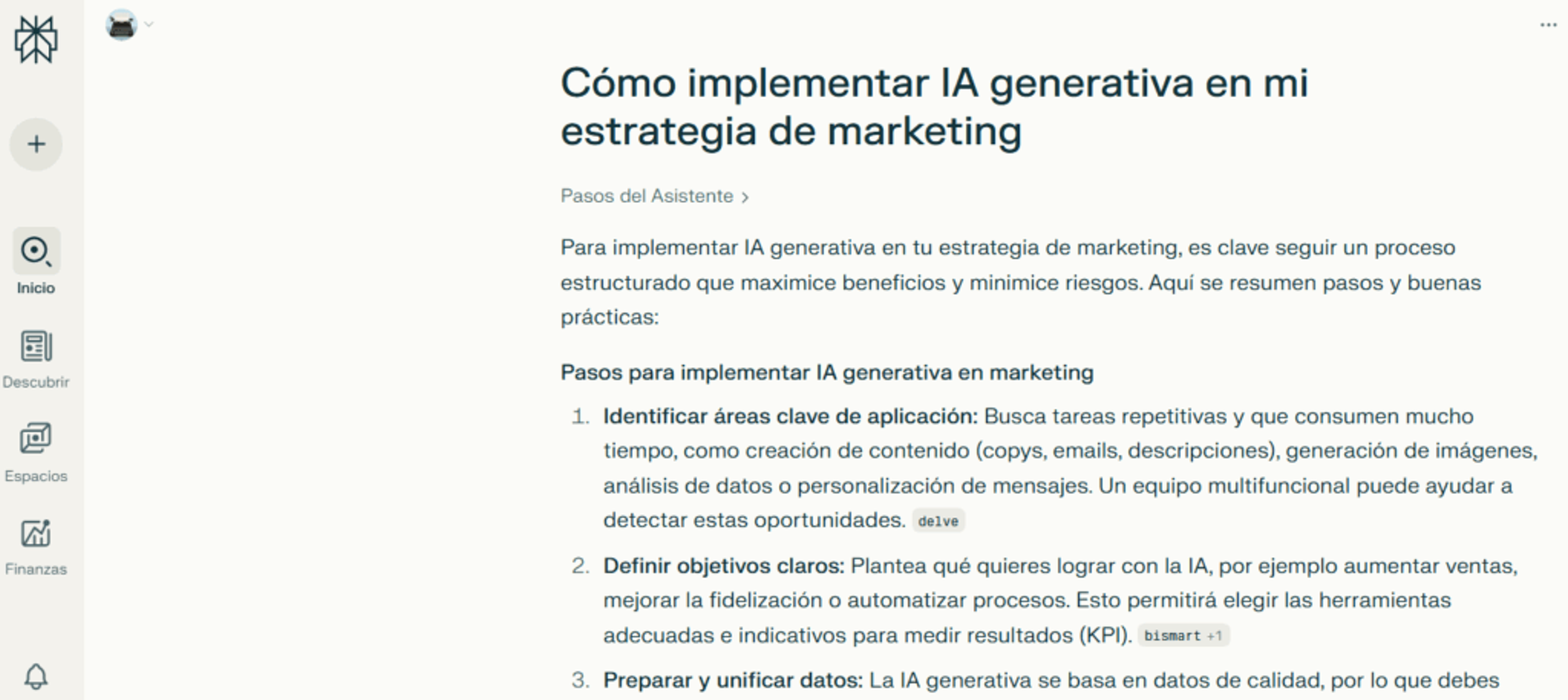 Interfaz de Perplexity AI mostrando una respuesta estructurada con pasos para implementar IA generativa en una estrategia de marketing
