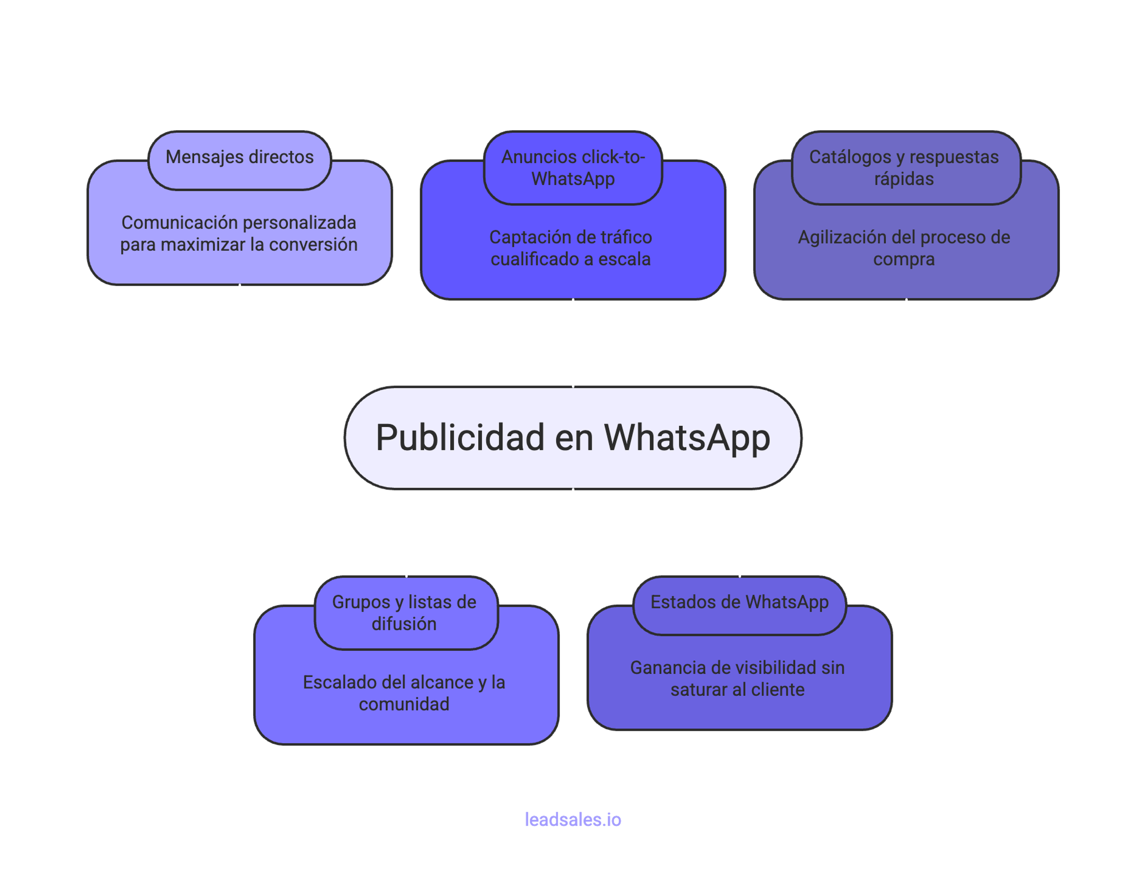 Diagrama que muestra cinco herramientas para hacer publicidad en WhatsApp.