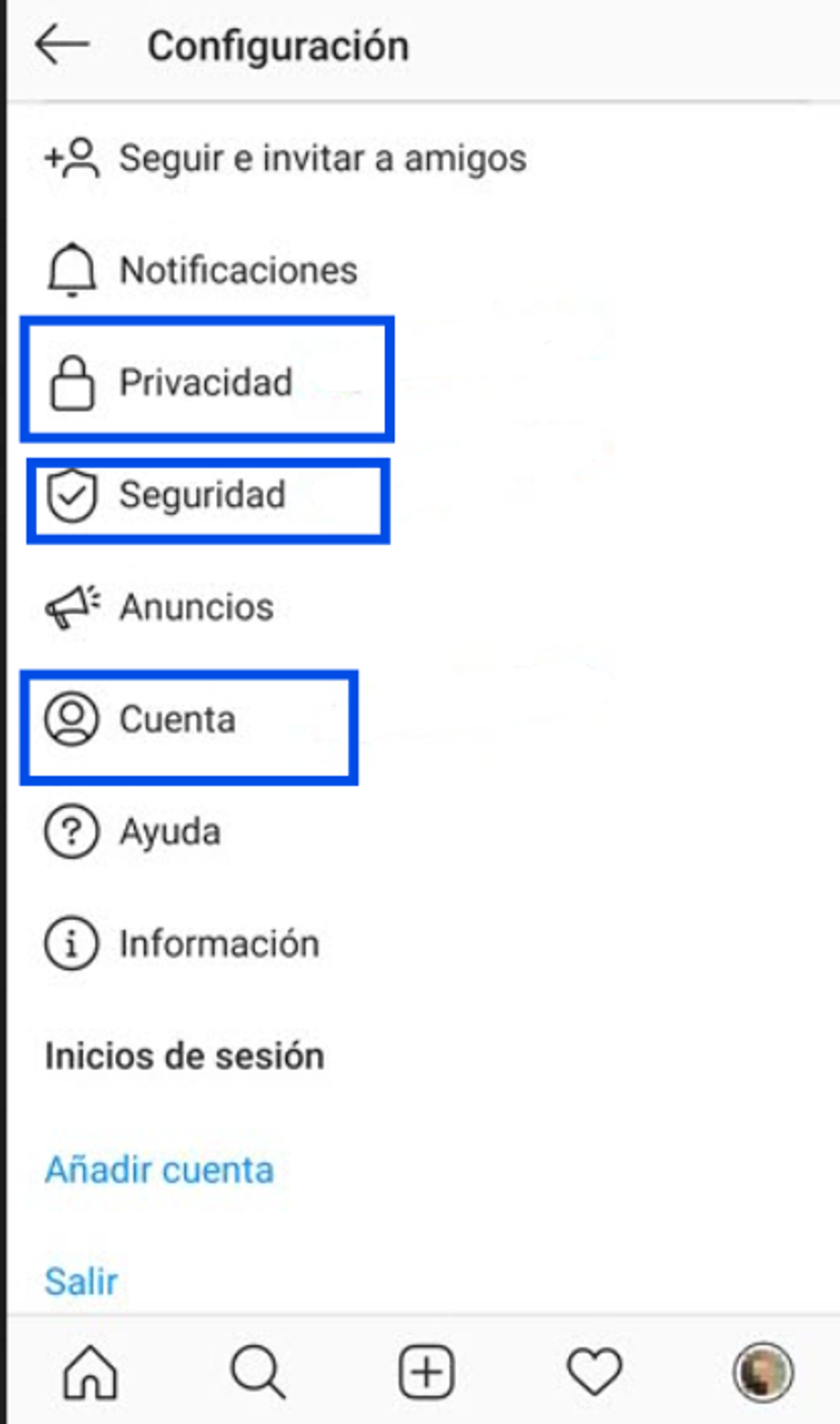 Pantalla de configuración de Instagram