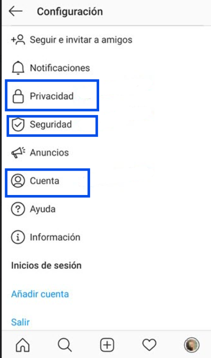 Pantalla de configuración de Instagram