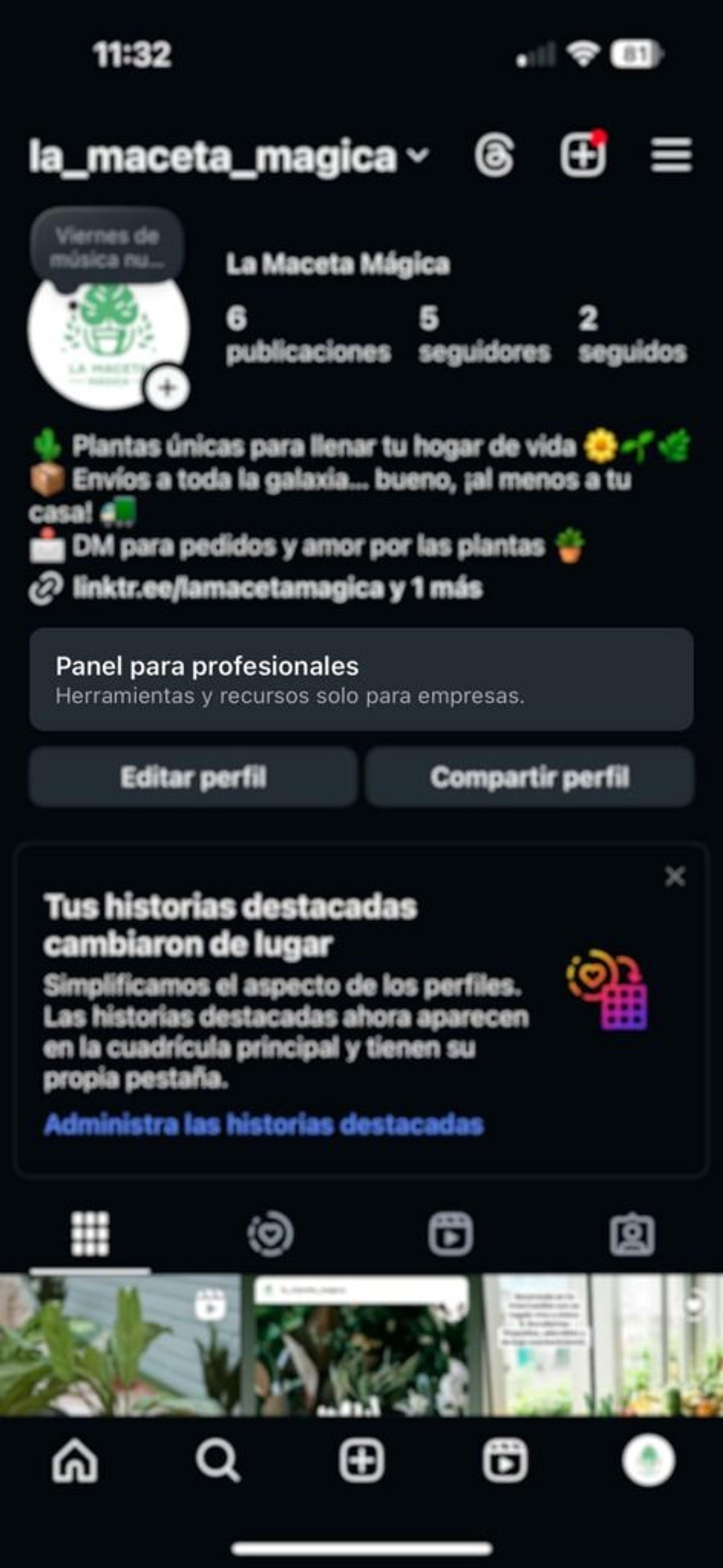 Captura de pantalla del perfil de Instagram mostrando la tarjeta de acceso al Panel para profesionales.