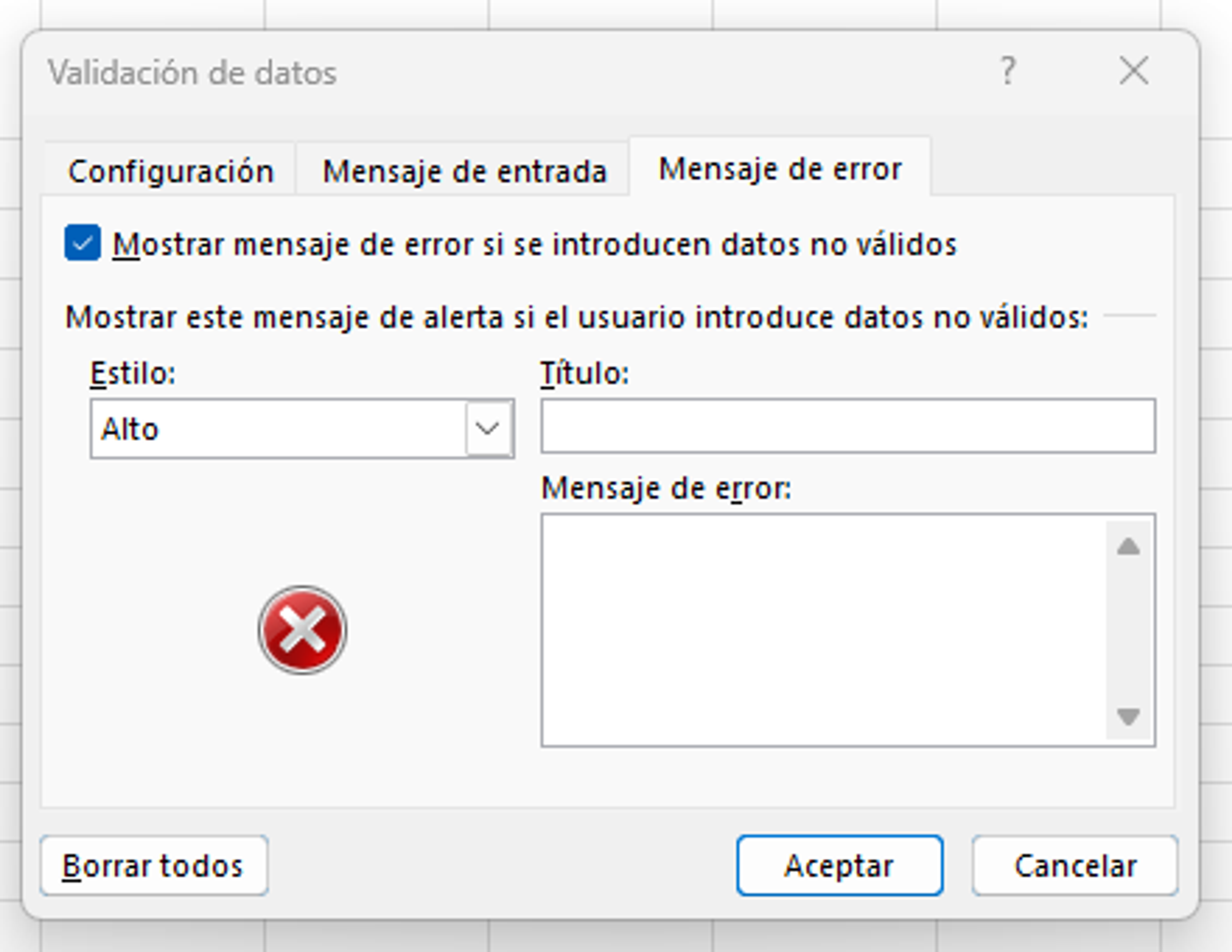 Configuración de validación de datos en Excel de control de ventas