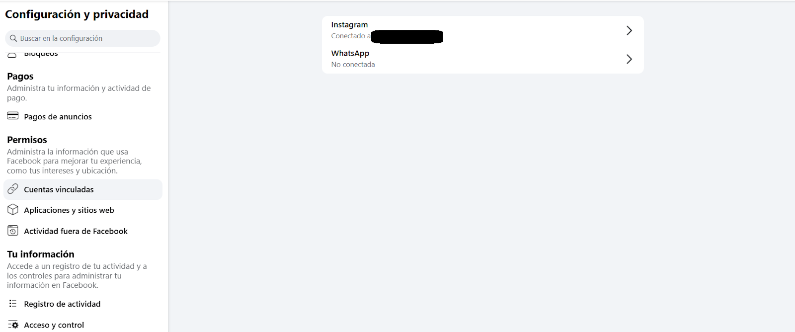 Pantalla para vincular cuenta de Instagram a Facebook