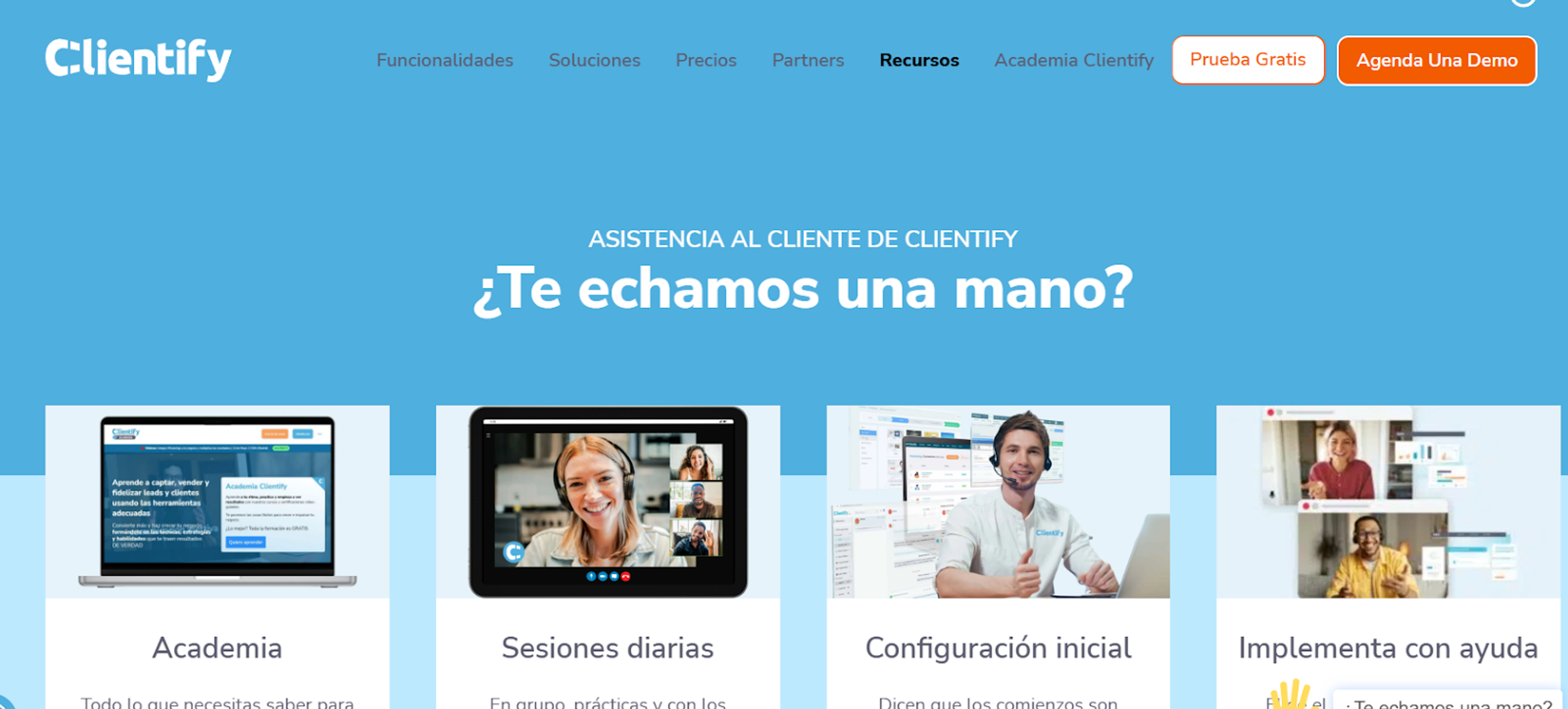 Pantalla de soporte de Clientify