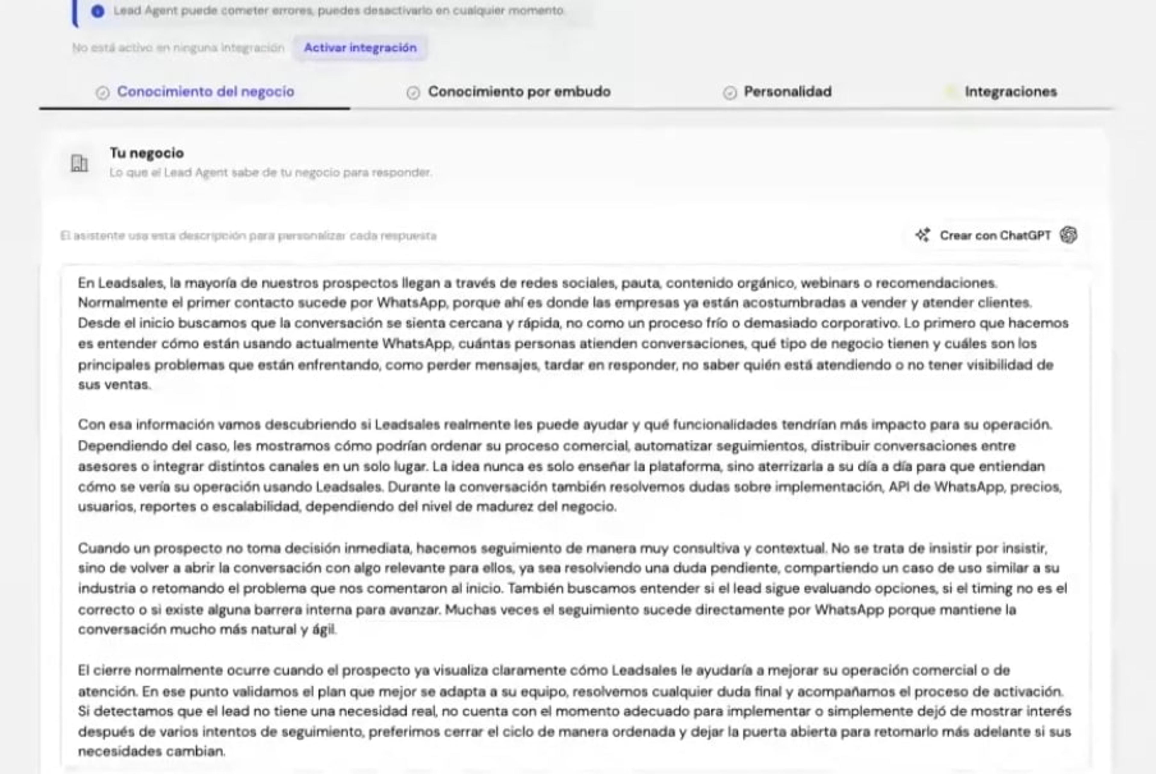 Pestaña de Conocimiento de negocio en Lead Agent de Leadsales