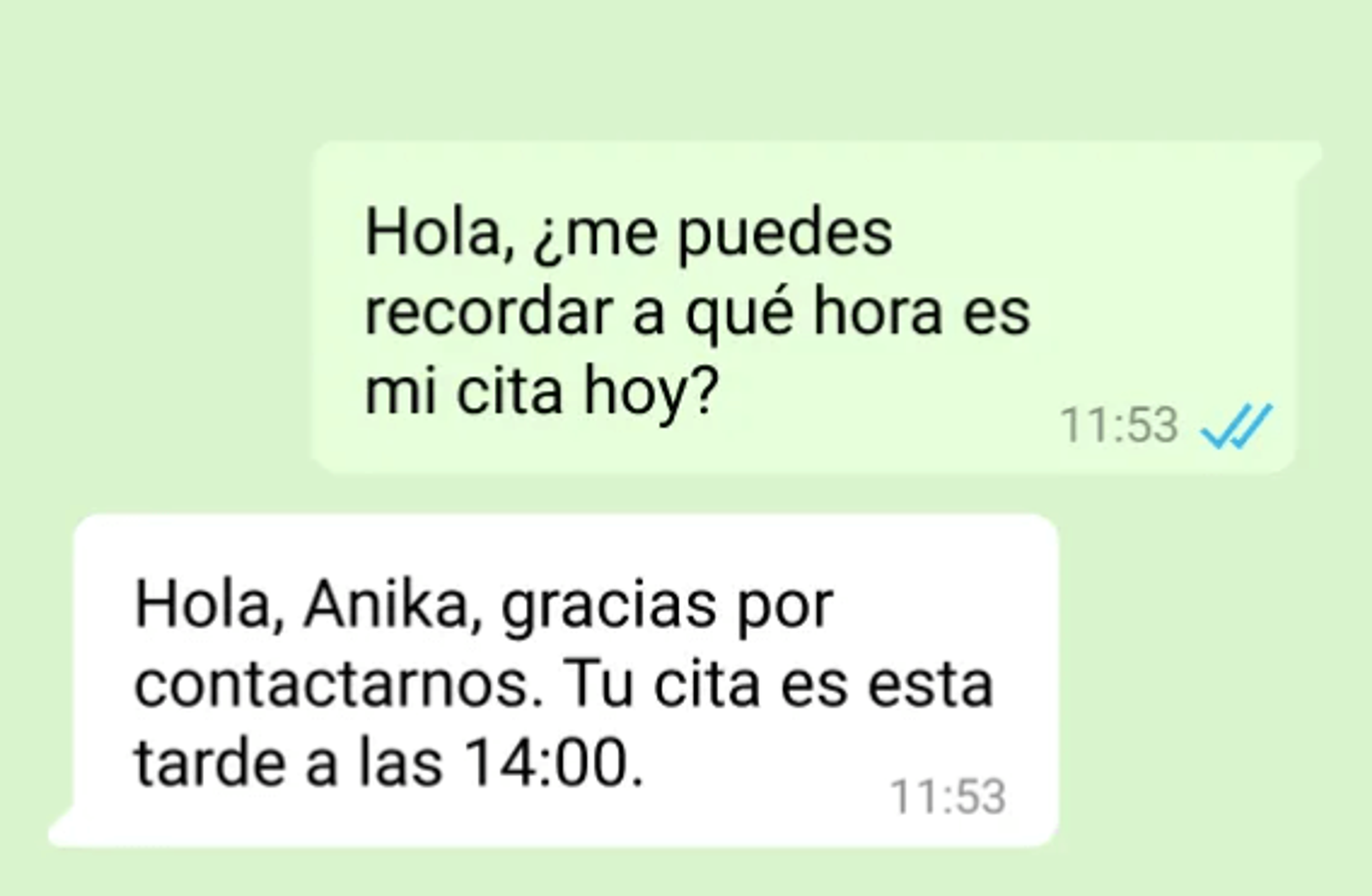 Ejemplo de conversación de servicio en WhatsApp Business Platform dentro de la ventana de 24 horas