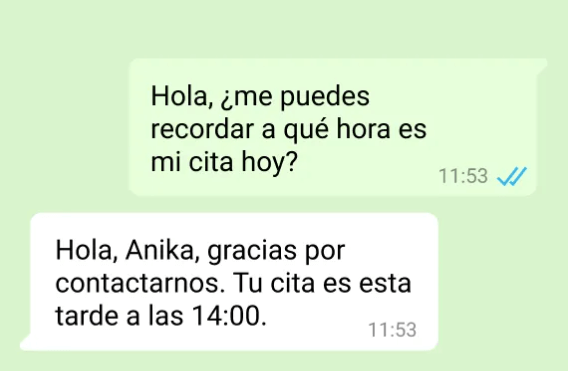 Ejemplo de conversación de servicio en WhatsApp Business Platform dentro de la ventana de 24 horas