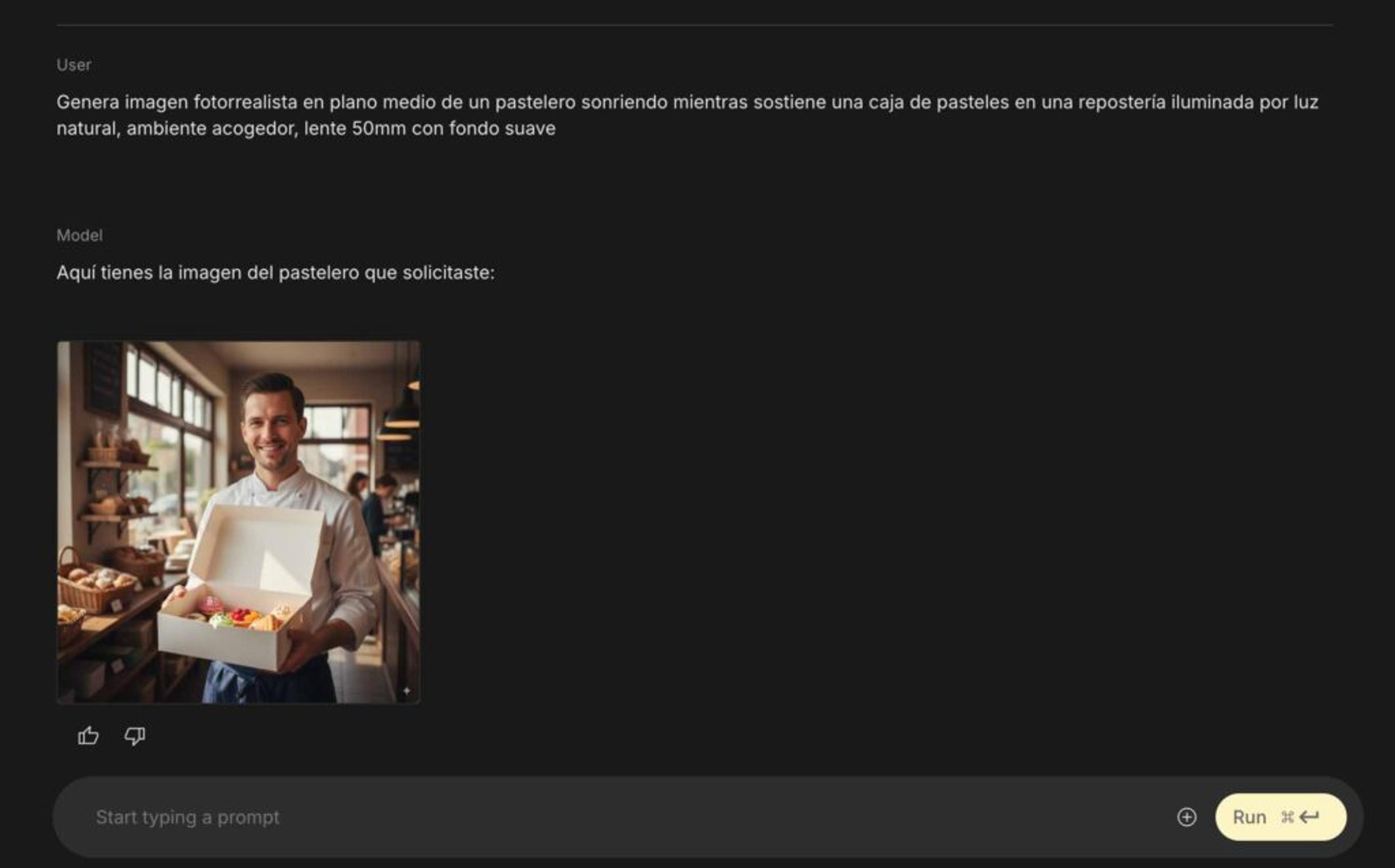 Captura de pantalla de Nano Banana indicando el prompt genera imagen fotorrealista en plano medio de un pastelero sonriendo mientras sostiene una caja de pasteles en una repostería iluminada por luz natural, ambiente acogedor, lente 50mm con fondo suave, y mostrando el resultado