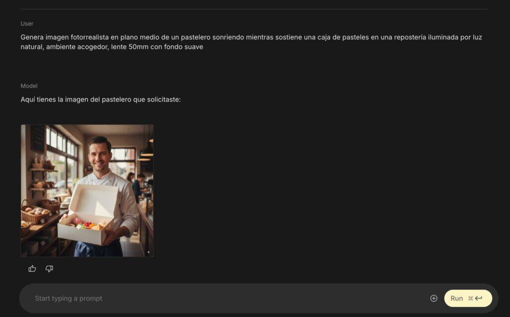 Captura de pantalla de Nano Banana indicando el prompt genera imagen fotorrealista en plano medio de un pastelero sonriendo mientras sostiene una caja de pasteles en una repostería iluminada por luz natural, ambiente acogedor, lente 50mm con fondo suave, y mostrando el resultado