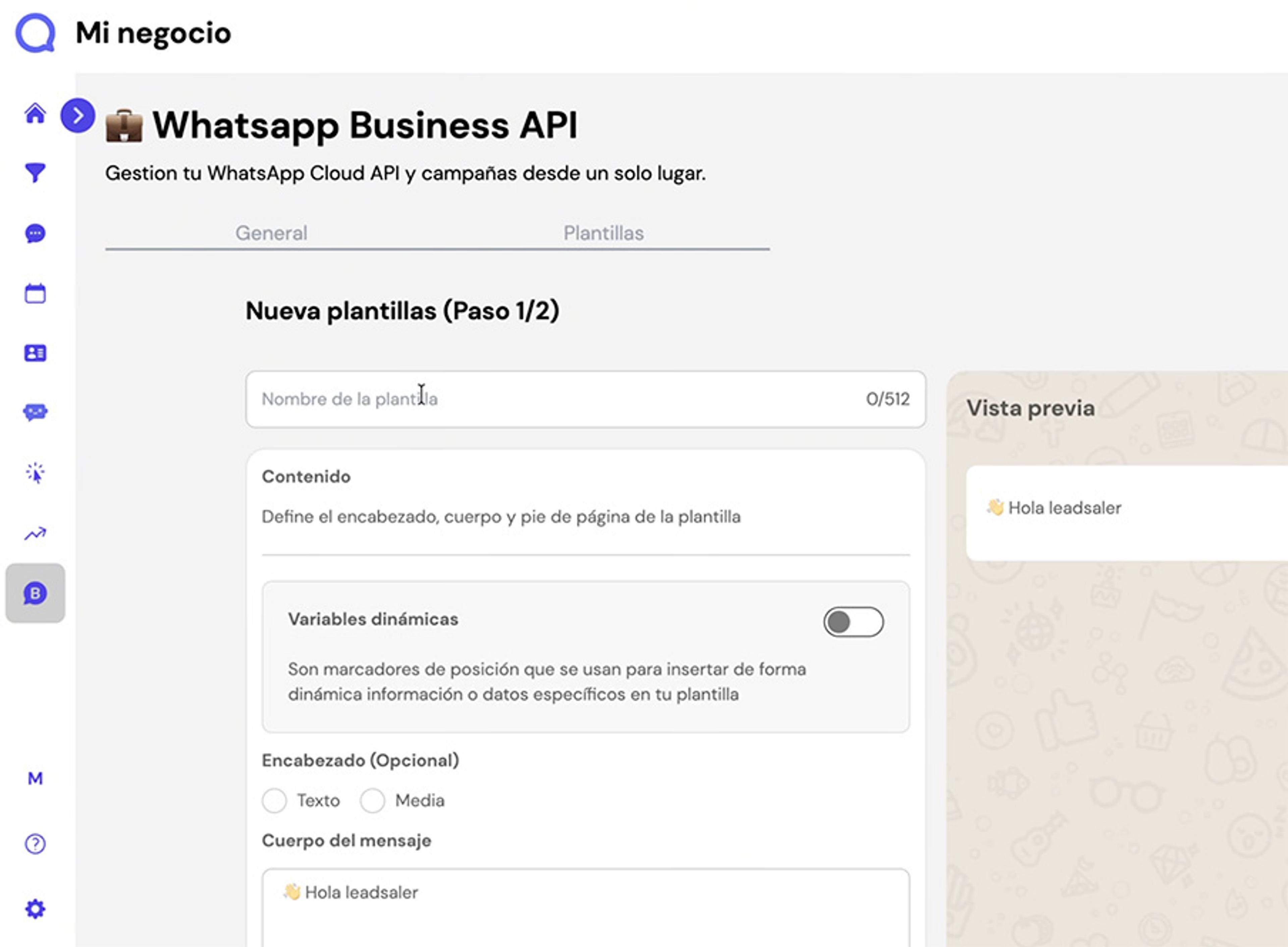 Captura de pantalla del panel principal de Leadsales que muestra el paso 2 para mandar mil mensajes por WhatsApp: crear la plantilla que usarás para tus mensajes masivos