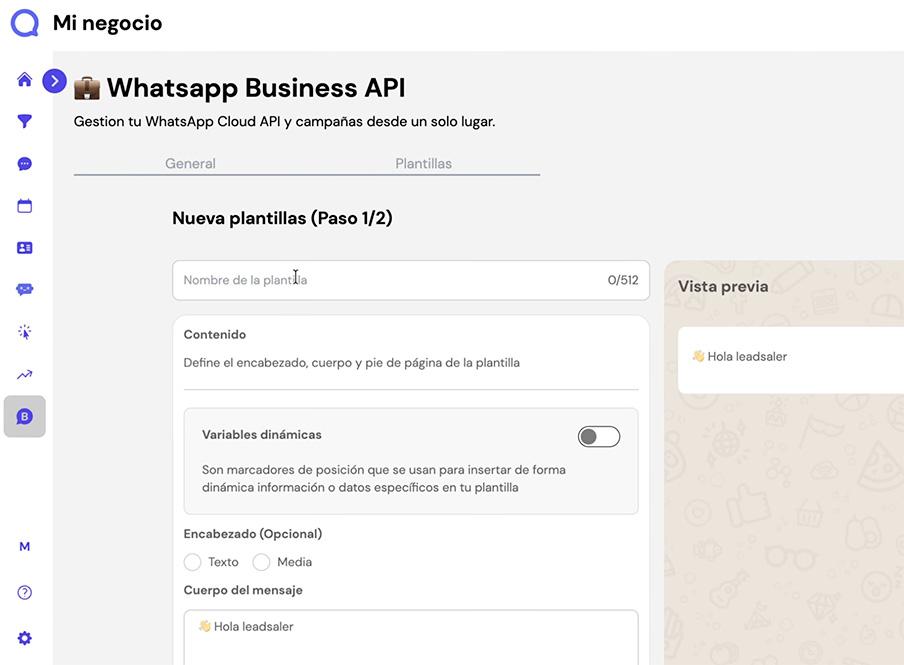 Captura de pantalla del panel principal de Leadsales que muestra el paso 2 para mandar mil mensajes por WhatsApp: crear la plantilla que usarás para tus mensajes masivos