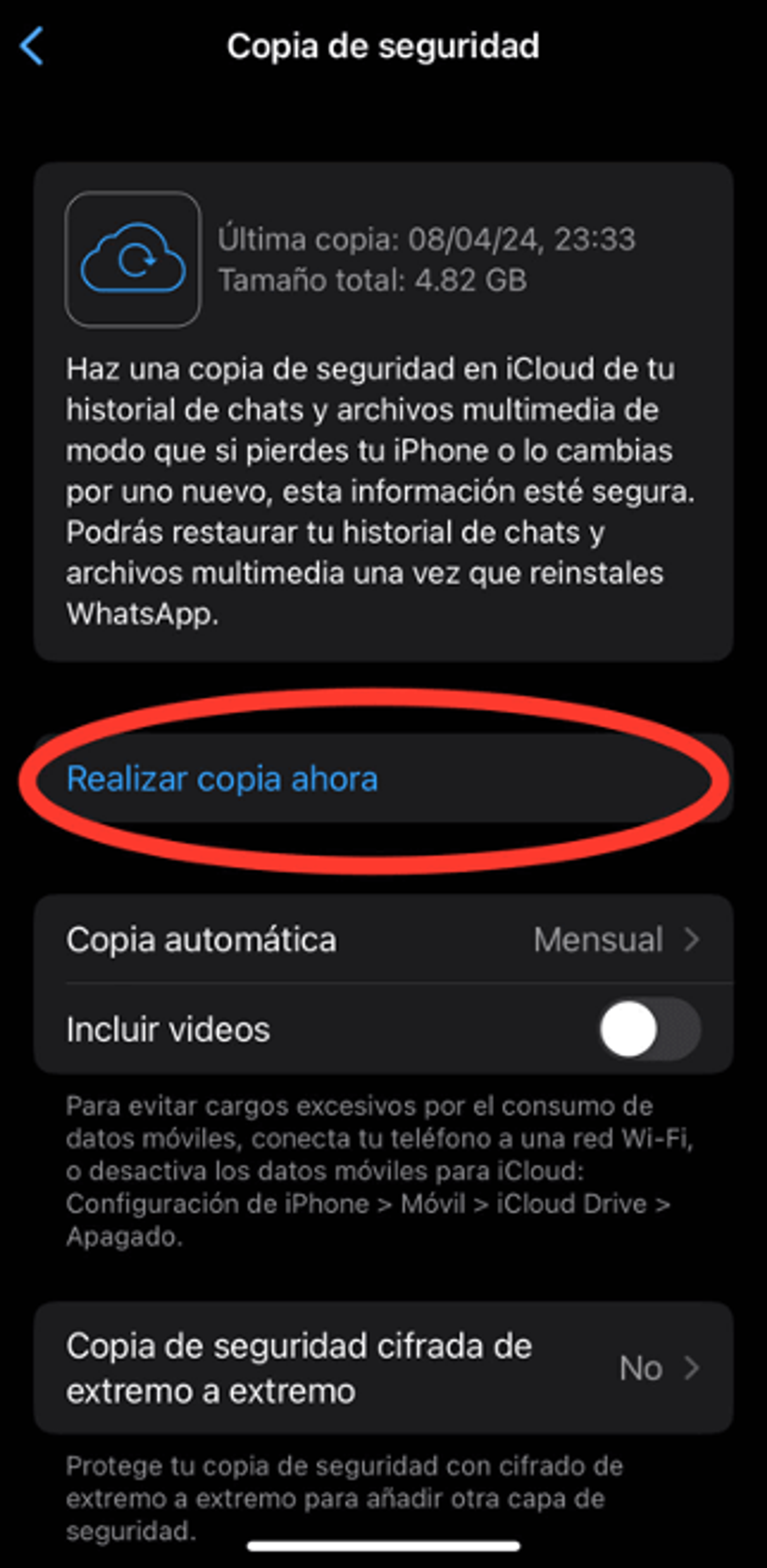 Pantalla para copia de seguridad de WhatsApp