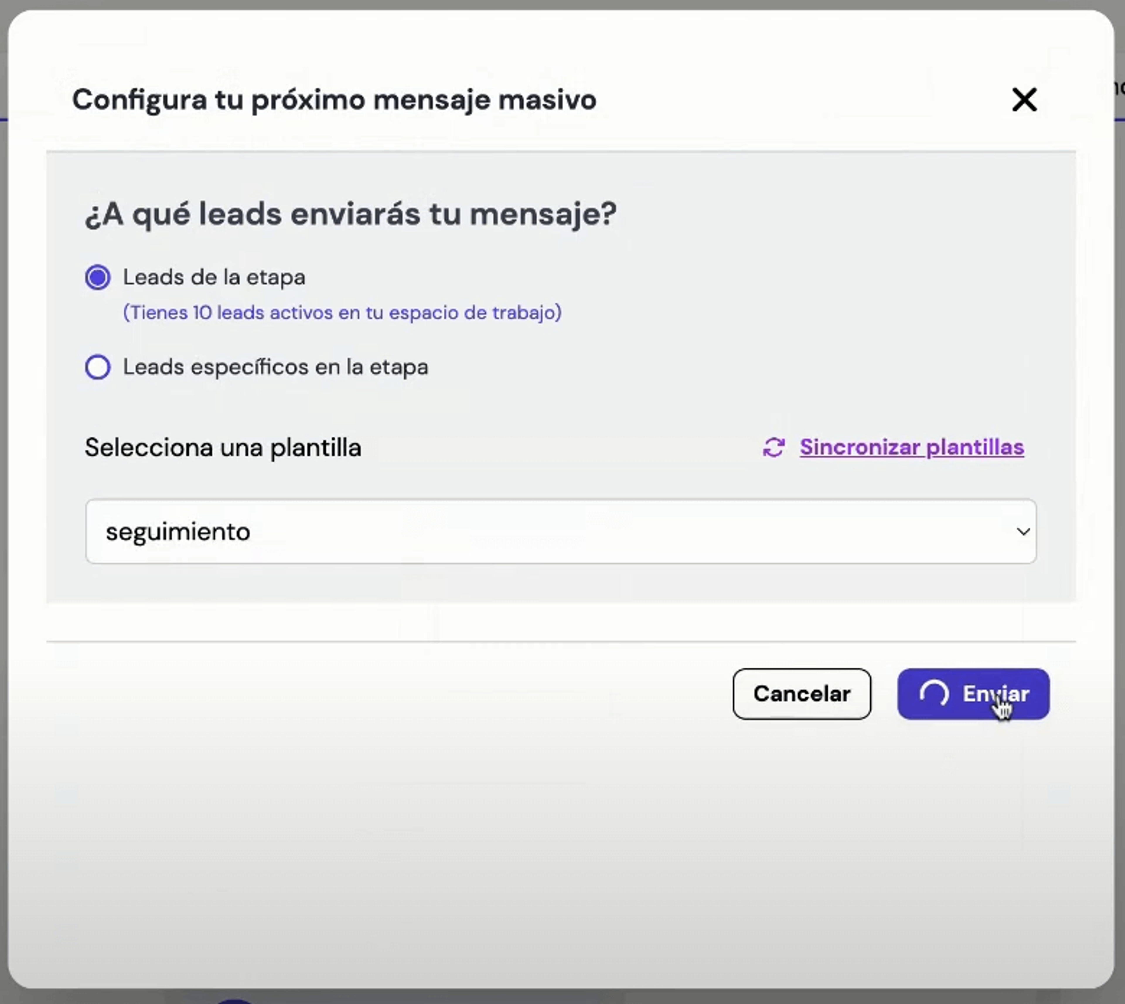 Pantalla para seleccionar plantilla de mensaje masivo desde WhatsApp API en Leadsales