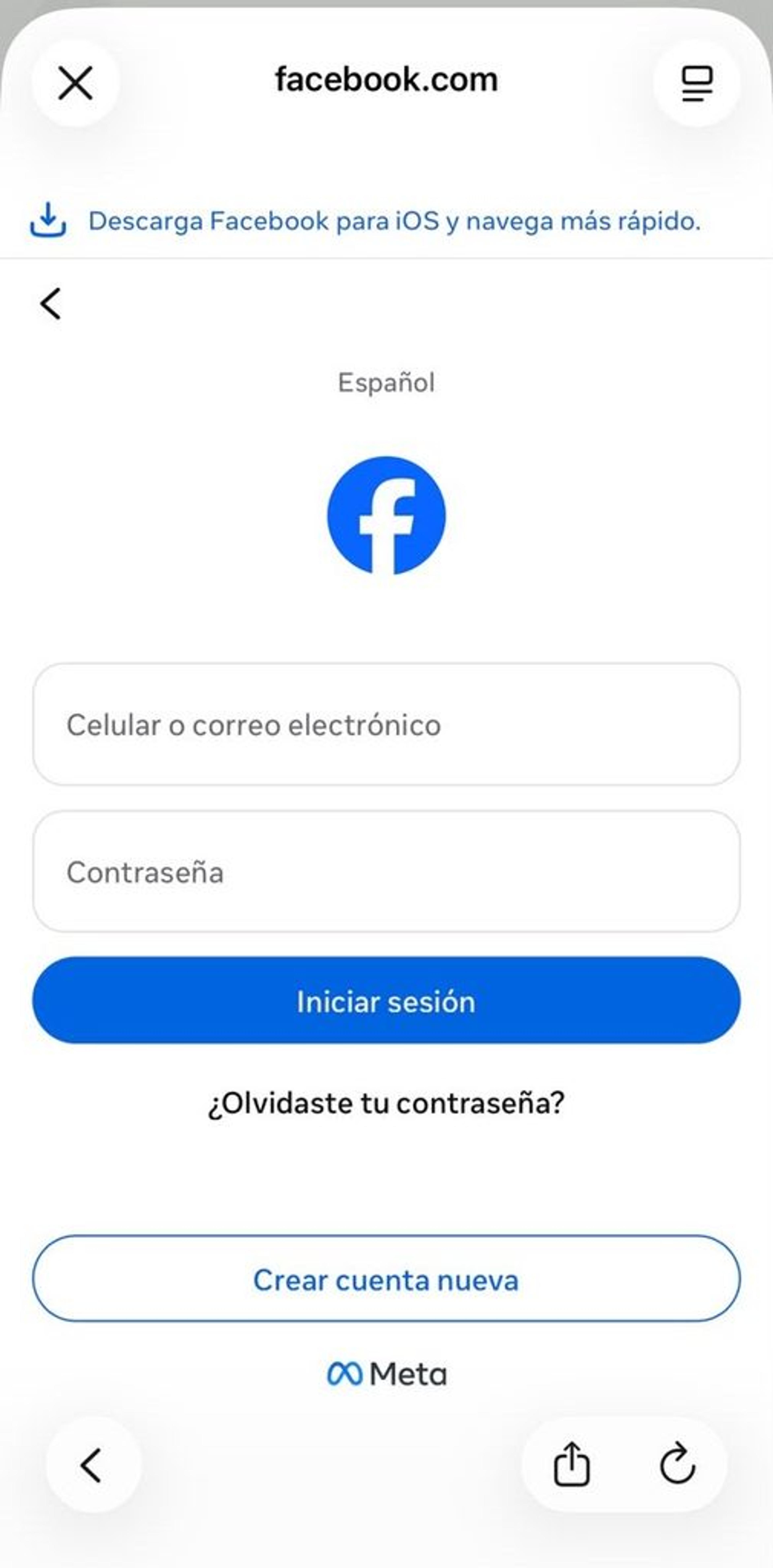 Pantalla para acceder a página de Facebook desde el navegador
